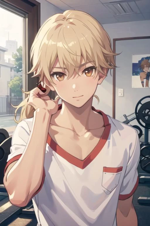 masterpiece, best quality, high quality, 1boy, solo, male focus, looking at viewer, upper body, <lora:ashura_kokuhou:0.56>, ashura_kokuhou, brown eyes, blonde hair, ponytail, realistic, gym uniform