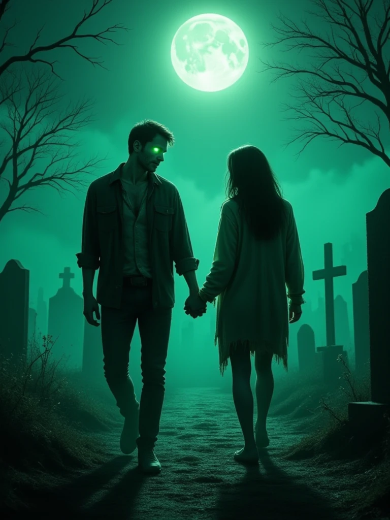 A zombie couple walking hand-in-hand through a foggy graveyard. Their decaying clothes are torn, and they have glowing green eyes, while the full moon casts long shadows across the ground, creating a chilling atmosphere.