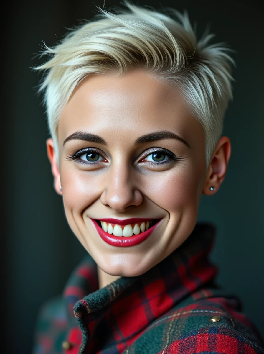 close up face portrait of a platinum-blonde woman. Her high detailed skin texture with skin details like pores, small hairs and subsurface scattering. Her expression is a seductive smile. She is wearing a Scottish kilt made of mismatched tartans, paired with a bagpipe that honks like a car horn, and shoes that sound like sheep baaing as you walk.professional photography, <lora:lisalora:1.2>