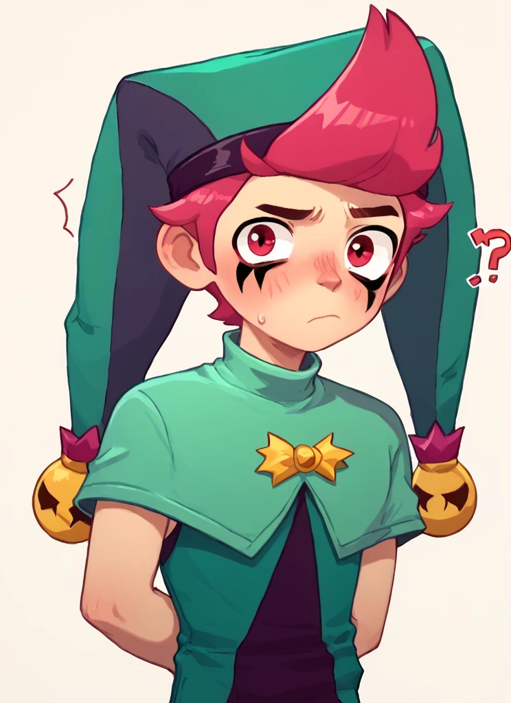 score_9, score_8_up, score_7_up, <lora:bschester:1> 1boy, bschester , pink hair, red eyes , jester cap, green headwear ,green jumpsuit, capelet, ,solo , blush, confused, ??? ,arms behind back, looking at viewer, closed mouth <lora:PossumMachine:1>posmach
