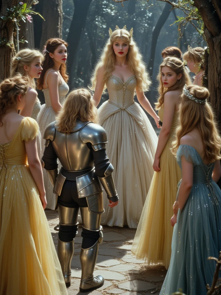 The Fairy Queenâs Ball: A knight, dressed in silver armor, shyly enters the Fairy Queen's ball, surrounded by fairies in gowns made of light and flowers, as the radiant queen invites him to dance.  <lora:retro_film:1>