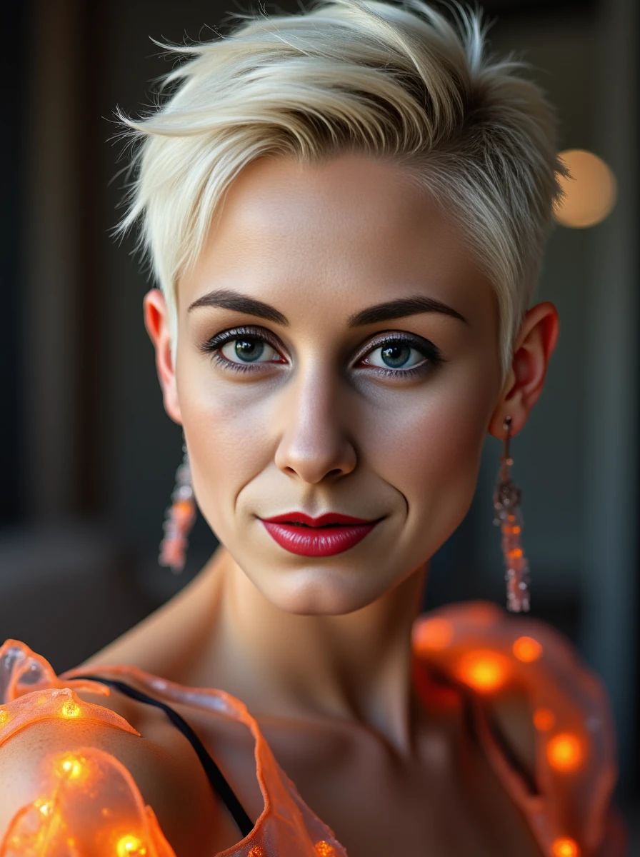 close up face portrait of a platinum-blonde woman. Her high detailed skin texture with skin details like pores, small hairs and subsurface scattering. Sh has short hair with an edgy cut. Her expression is confident. She is wearing a jellyfish-inspired outfit with translucent tentacle sleeves that glow in the dark, a headpiece that resembles a pulsating jellyfish, and shoes that squirt water with each movement.professional photography, with warm color lighting. <lora:lisalora:1.2>