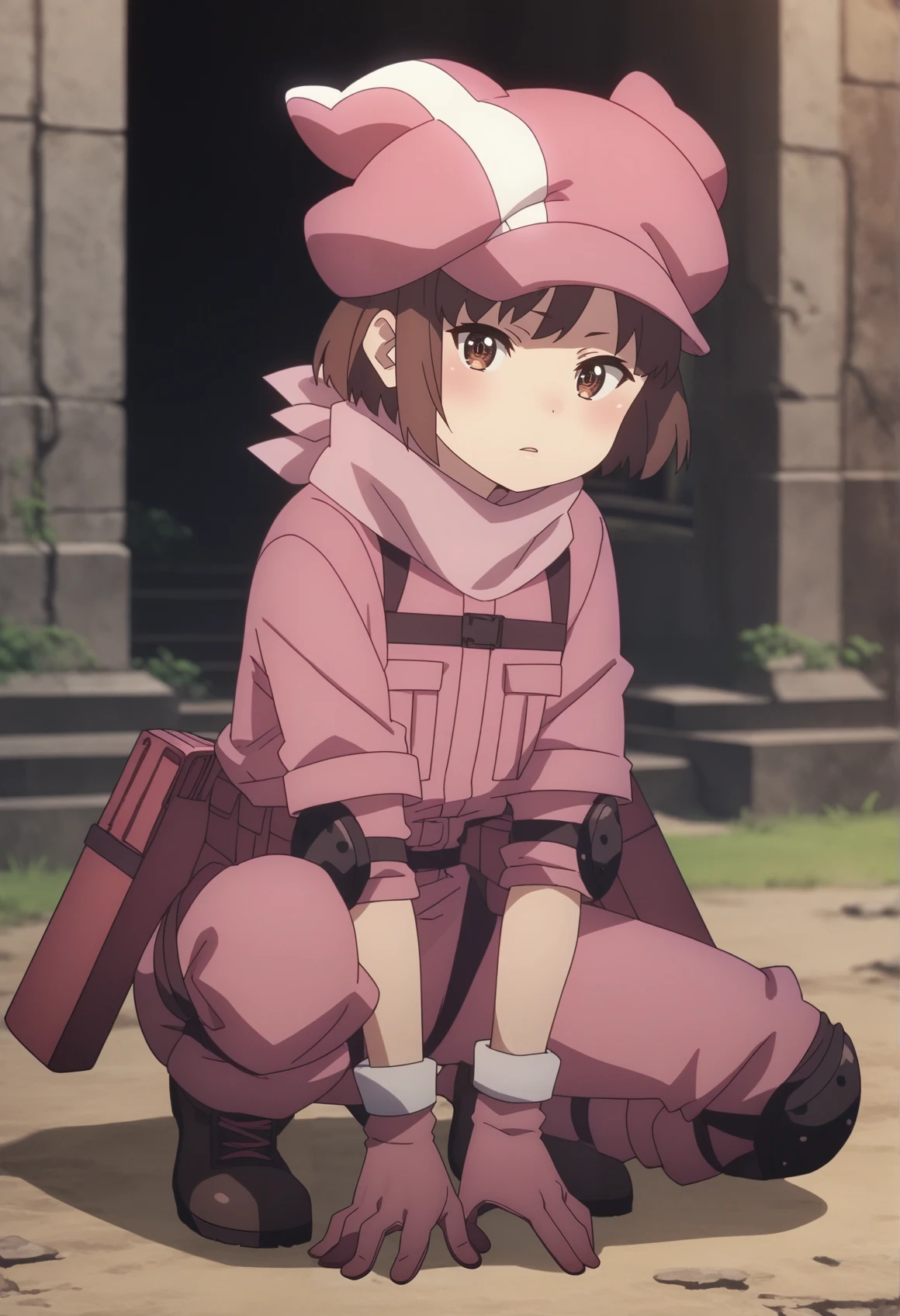 1girl, brown hair, short hair, brown eyes, pink animal hat, pink scarf, pink tactical clothes, harness, gloves, knee pads, elbow pads, p90, on one knee, outdoors, post-apocalypse, ruins, anime screencap, looking at viewer  <lora:LLENN_very_anime:1>, score_9, score_8_up, score_7_up, score_6_up, score_5_up, score_4_up, BREAK source_anime, masterpiece