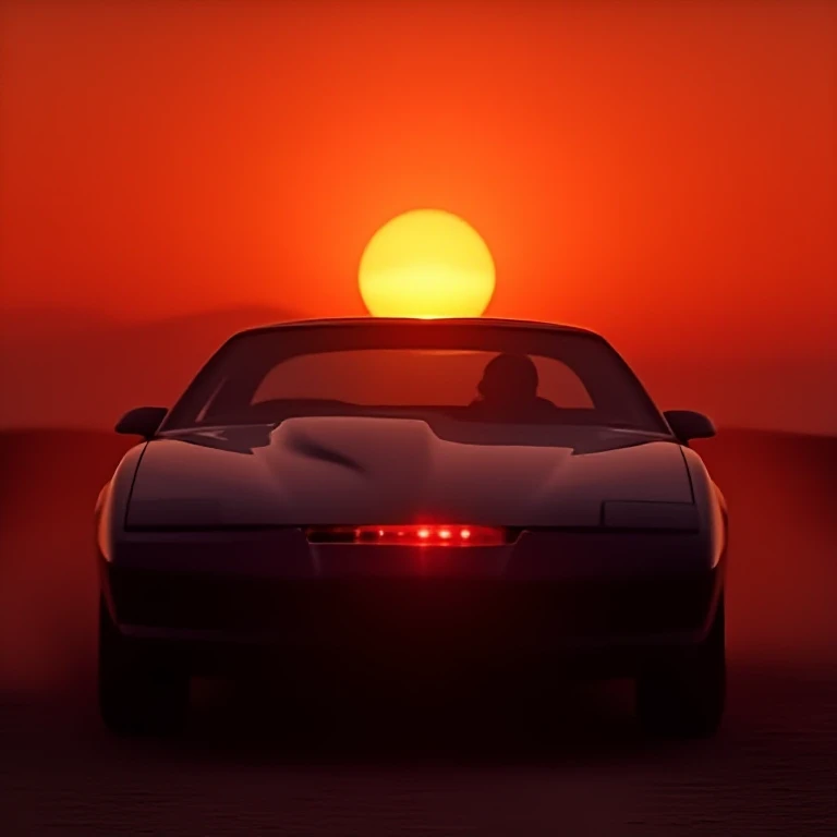 front view, headlights, orange big sun in cloud, vehicle focus, kitt from knight rider, matte black pontiac trans am, streamline bodywork, a red scan light bar, glow effect, there are sundown and montain in the distance, red tone background.the mountains in the distance. more dark and shadow, the driver is in the car, little dust in air, <lora:KittfromKnightRider:1>