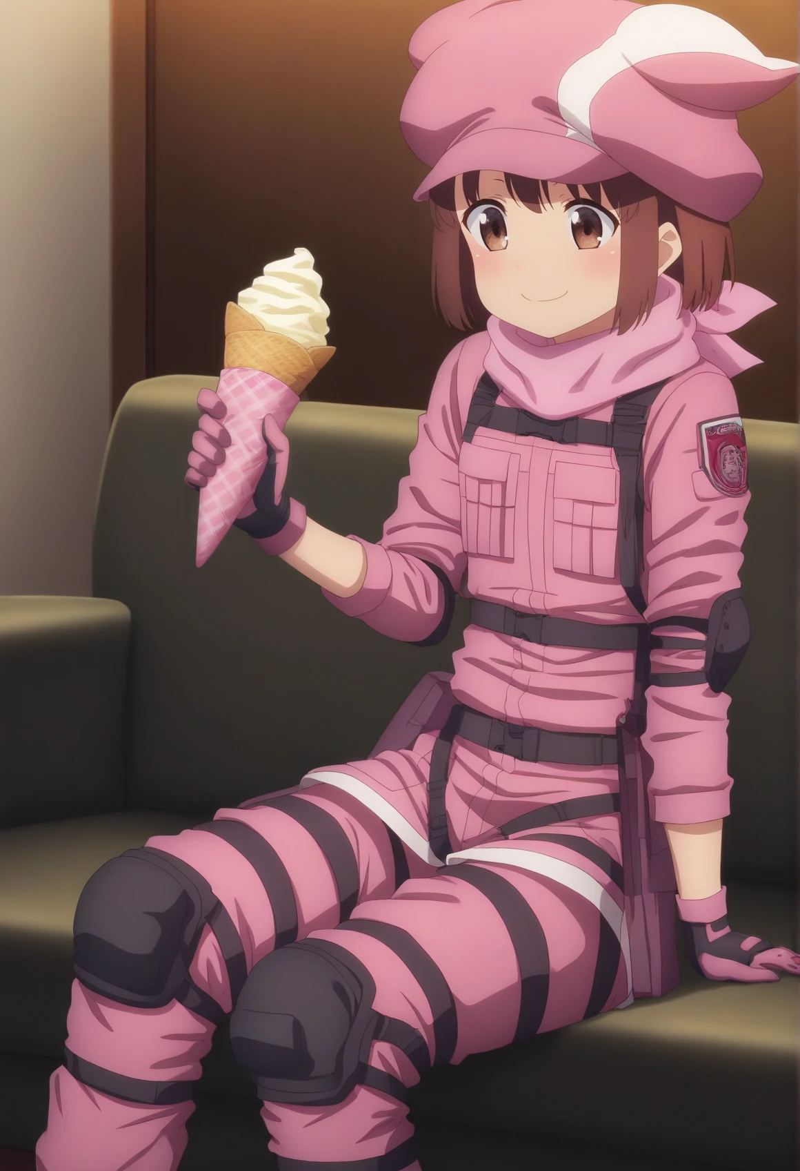 1girl, brown hair, short hair, brown eyes, pink animal hat, pink scarf, pink tactical clothes, harness, gloves, knee pads, elbow pads, indoors, living room sitting, couch, holding icecream cone, anime screencap, happy <lora:Llenn_Illus:0.7>, masterpiece, best quality, amazing quality, very aesthetic, absurdres, highres, newest