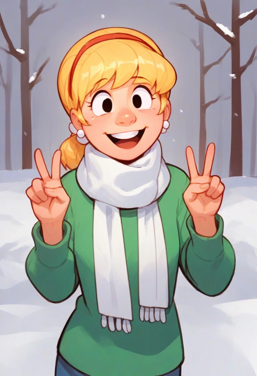 source_cartoon, score_9, score_8_up, score_7_up, solo, karen, blonde hair, ponytail, 1girl, sweater, white scarf, snow, double v hand sign, happy