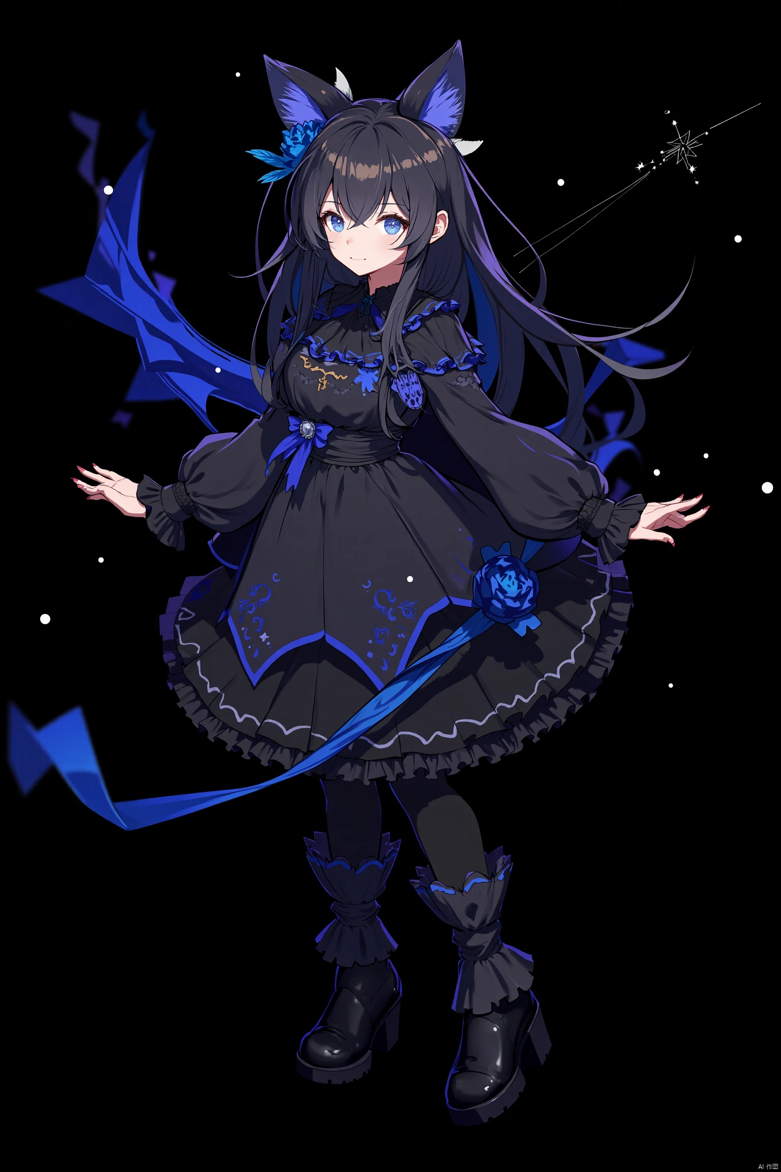 An animated image of a girl with long dark hair and blue eyes. She is wearing a black dress with a blue skirt and black boots. Her arms are outstretched and she is holding a blue ribbon in her right hand. The background is black with white dots on it.