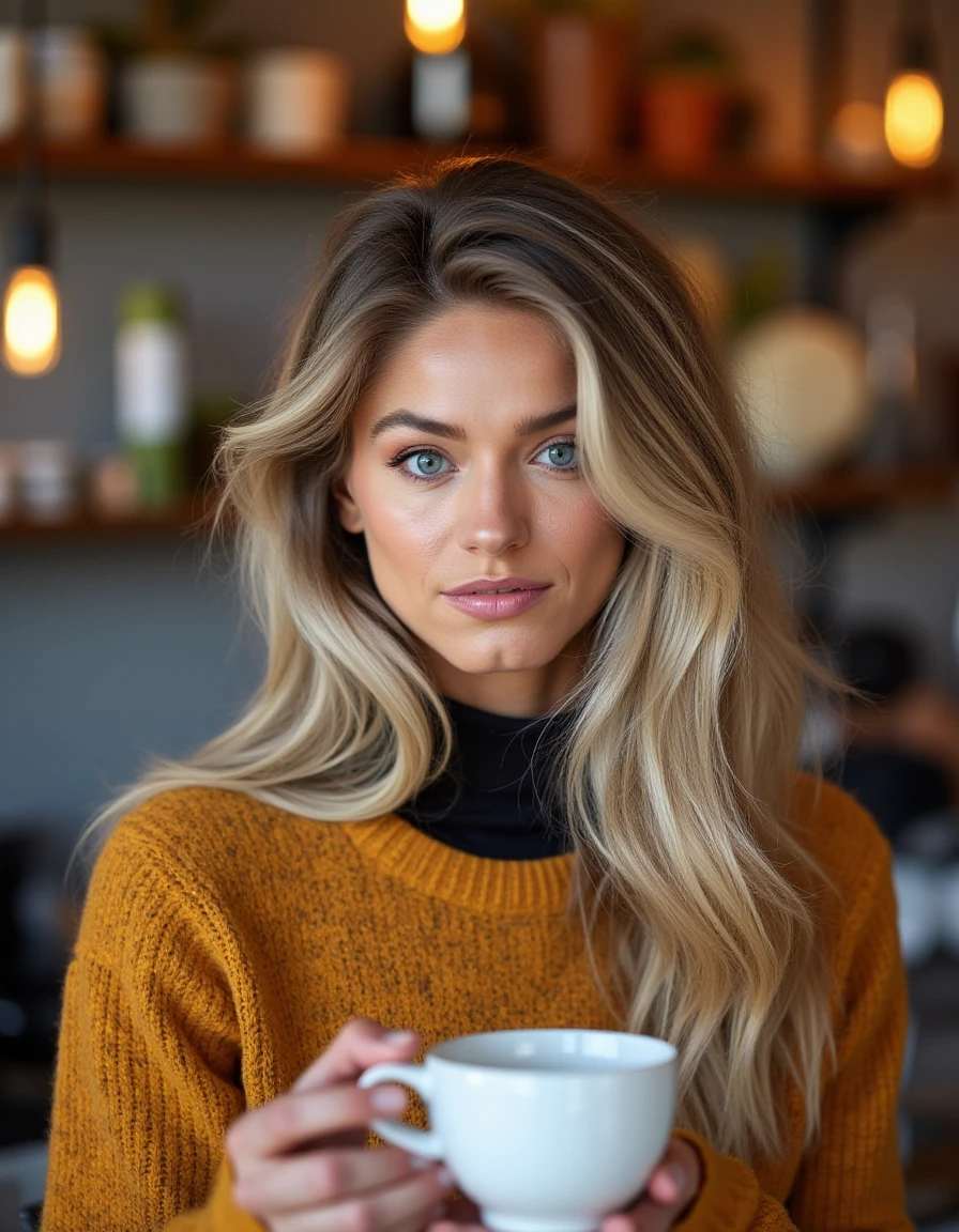 <lora:berkleigh_wright_dev_f1:1> a beautiful woman, blonde hair blue eyes,  sweater, coffee shop, with friends