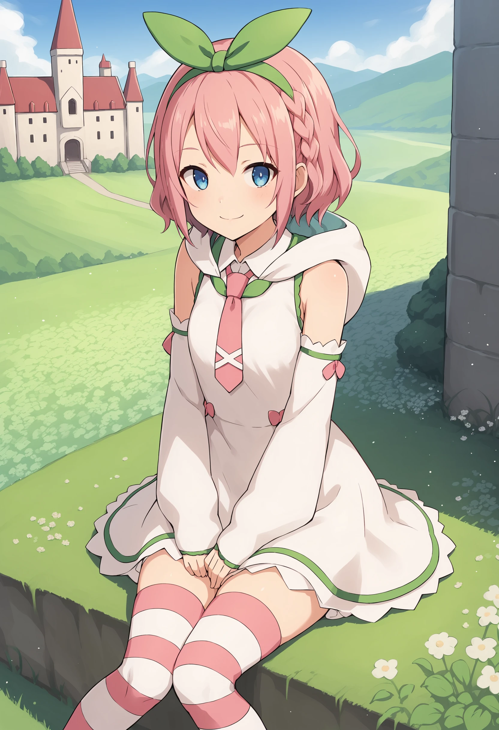 1girl, solo, kana tales, pink hair, blue eyes, short hair, braid, green hairband, dress, white dress, sleeveless, sleeveless dress, hooded dress, pink necktie, detached sleeves, sleeves past wrists, thighhighs, pink thighhighs, striped, striped thighhighs, smile, looking at viewer, sitting, feet out of frame, outdoors, field, castle, source_anime, score_9, score_8_up, score_7_up, score_6_up, score_5_up, score_4_up, <lora:kana tales:0.7>