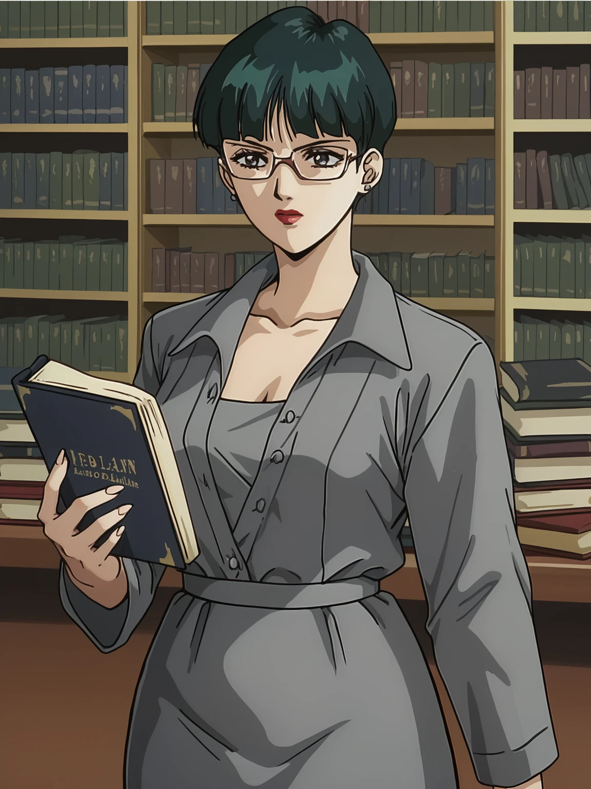 <lora:Ms. Aoba (La Blue Girl):0.85> lbgaoba, dark green hair, score_7_up
librarian, glasses, grey dress, open clothes, holding book, reading
library