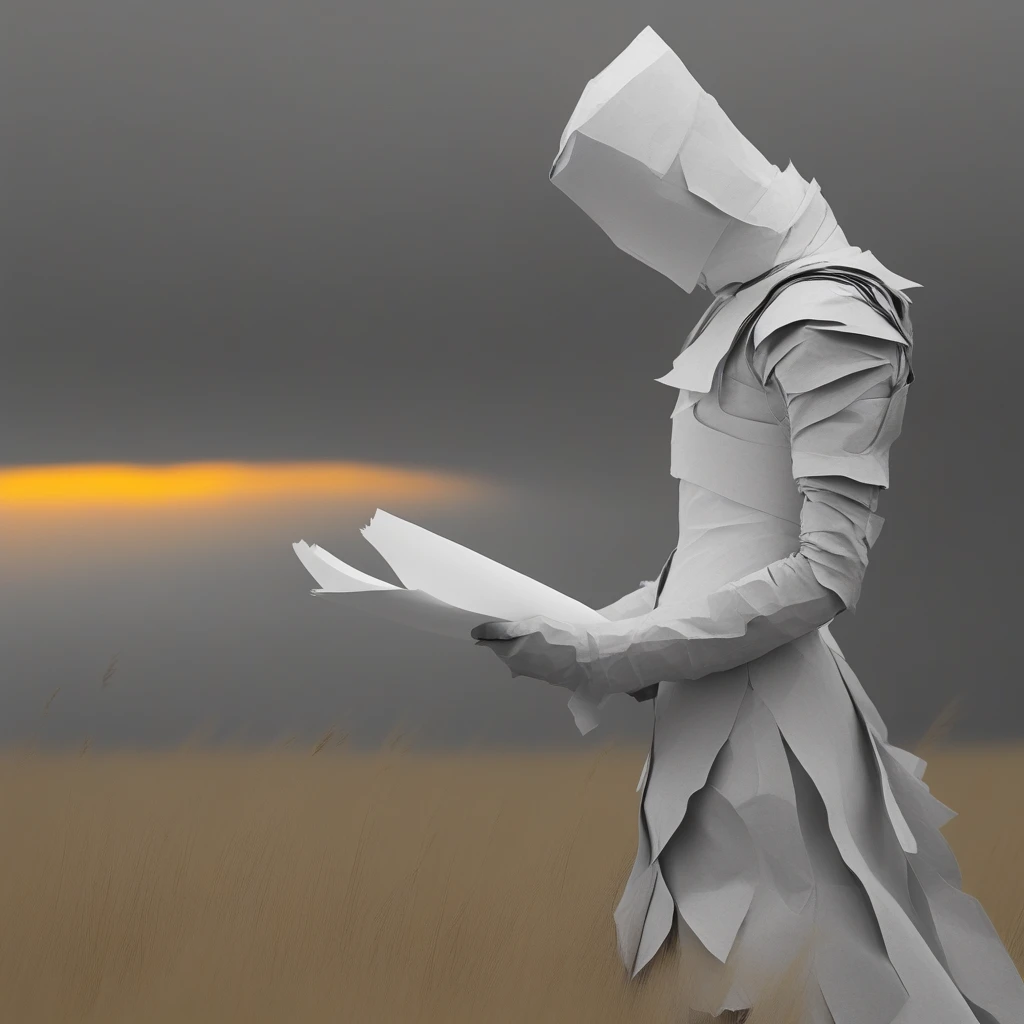 introspection, figure gazing at the sky, in a windy open field, with paper armor, under warm and glowing, in realistic, using monochrome