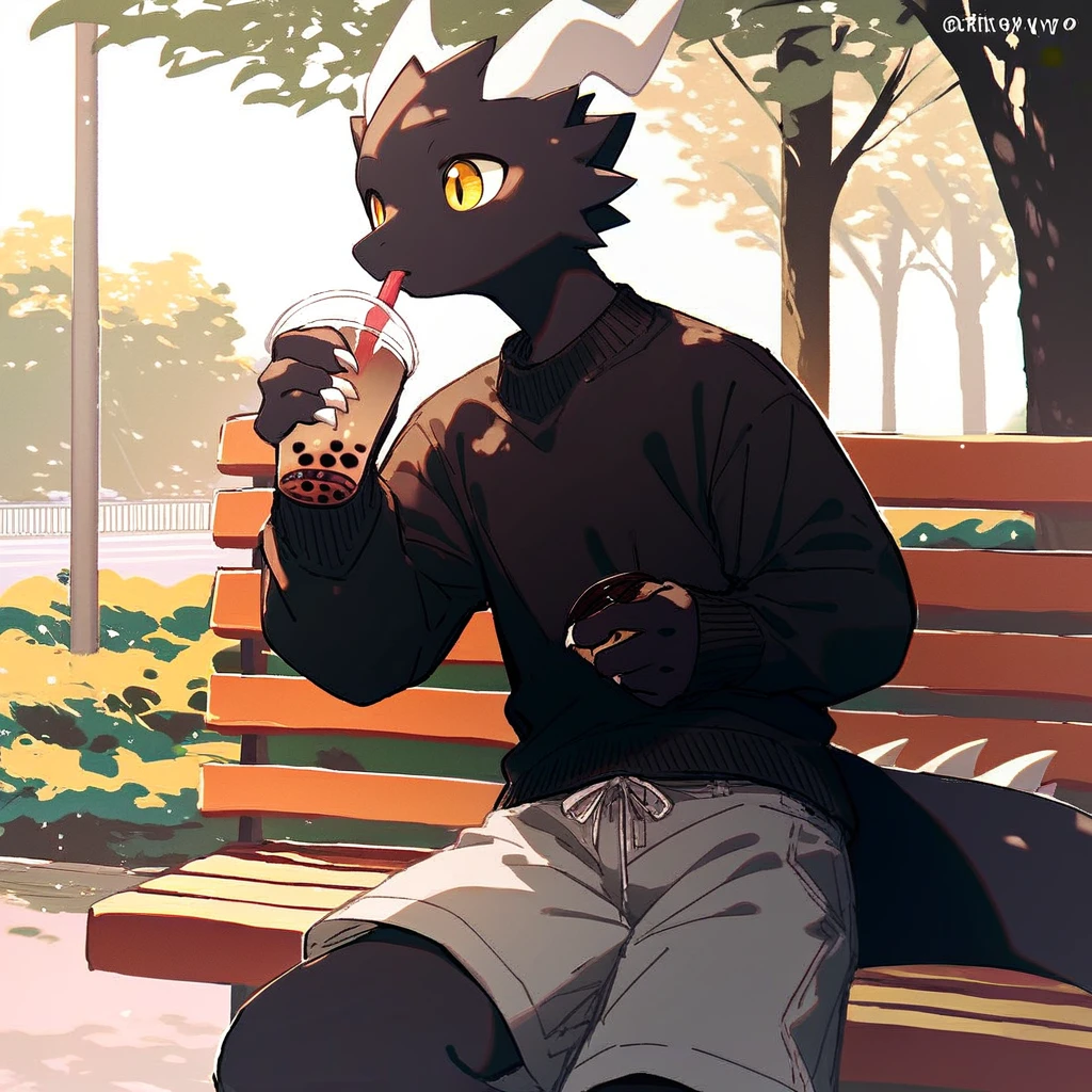 score_9_up, score_8_up, score_7_up, source_furry, mikus-style, black dragon, black body, white horns, yellow eyes, park, holding, bubble tea, black sweater, gray shorts, 1boy, solo
,