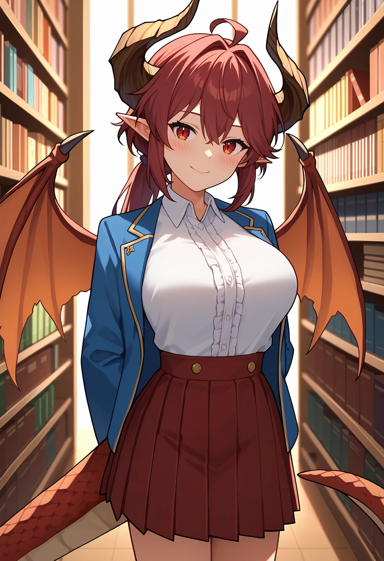 score_9, score_8_up, score_7_up, anime screencap, source_anime, 1girl, solo,
<lora:Grea_Manaria_Friends_V1:.85>, KJOgrea, red hair, red eyes, long hair, dragon horns, dragon tail, pointy ears, wings, low ponytail, 
white collared shirt, pleated skirt, blue open jacket, shirt tucked in, 
standing, arms behind back, head tilt, blush, smile, 
library, 
(Beautiful, large Breasts:1.2),