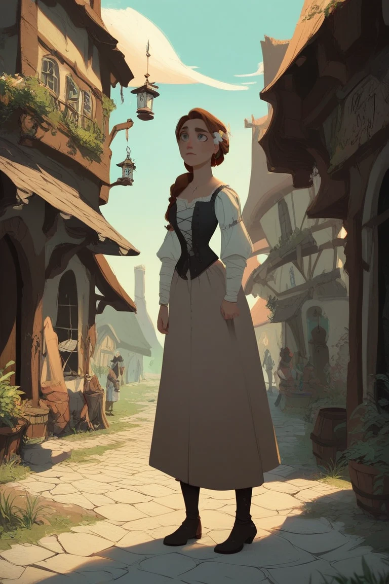 score_9, score_8_up, score_7_up, woman standing in the middle of a busy medieval village street