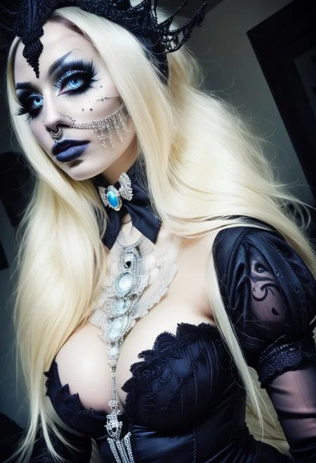 concept art, realistic, dark theme, low light. 1girl, solo.
Gorgeous sexy female. Beautiful feminine face, 
Long Lush Blonde hair, Blue eyes. 
Sexy makeup, ((NoseToEar)).
((Gothic)),