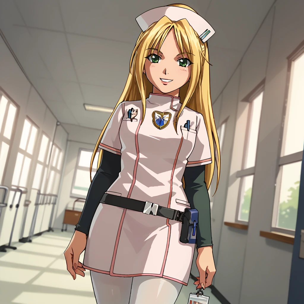 score_9, score_8_up, score_7_up, 1girl, solo, uncensored, angelathompson, smile, looking at viewer, dutch angle, blonde hair, green eyes, nurse cap, white nurse uniform, black sleeves, white pantyhose, indoors, hospital, hallway, window <lora:AngelaThompsonXL_v1.0:1>