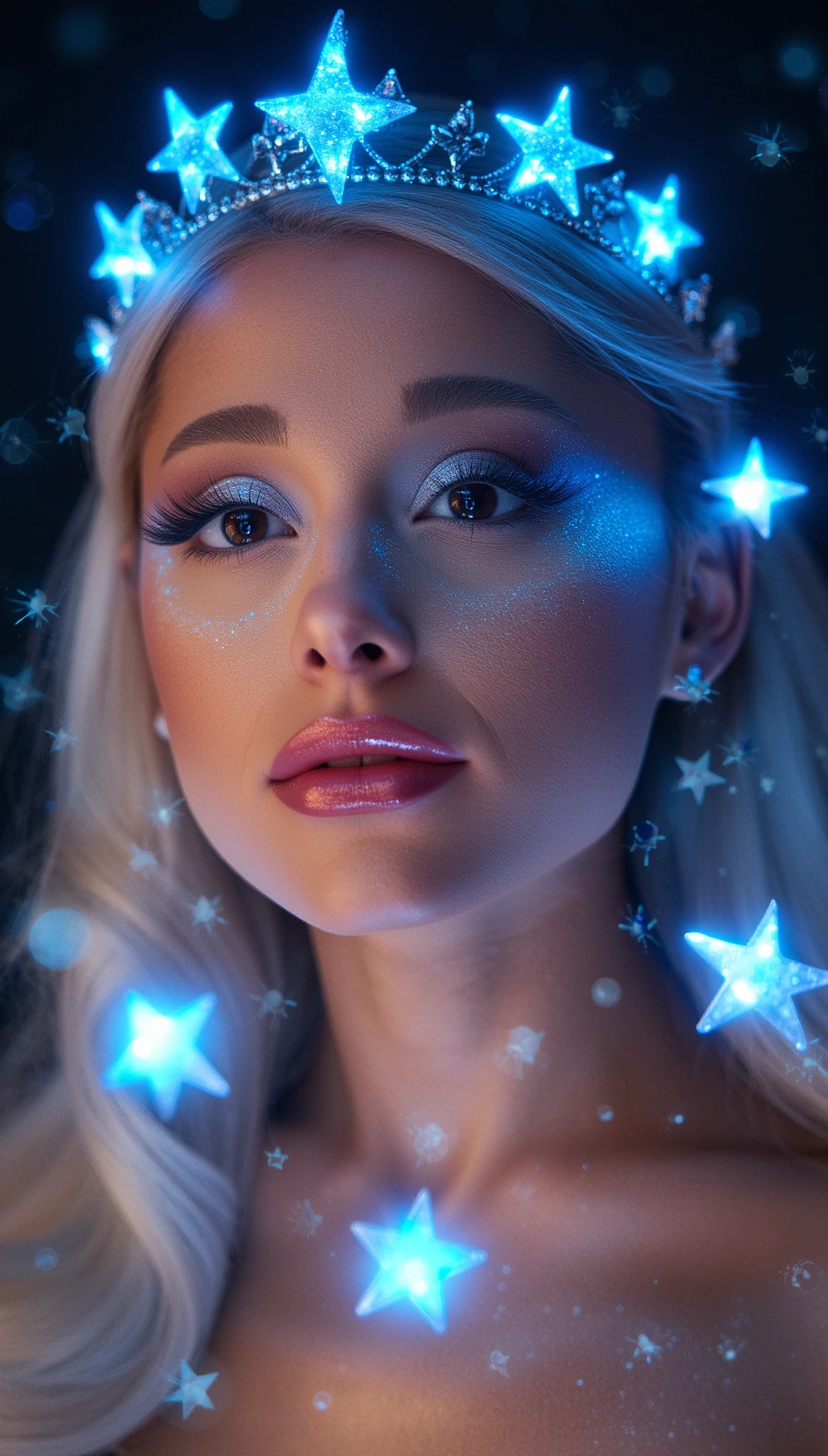 Star princess Ariana Grande closeup, her face softly illuminated by floating star crystals, each one glowing with a radiant blue hue. Her elegant features shimmer with celestial light, silver hair cascading around her shoulders. A crown of glowing stars rests on her brow, her eyes sparkling like twin galaxies. The crystals orbit around her, leaving trails of stardust, creating an enchanting, cosmic atmosphere.