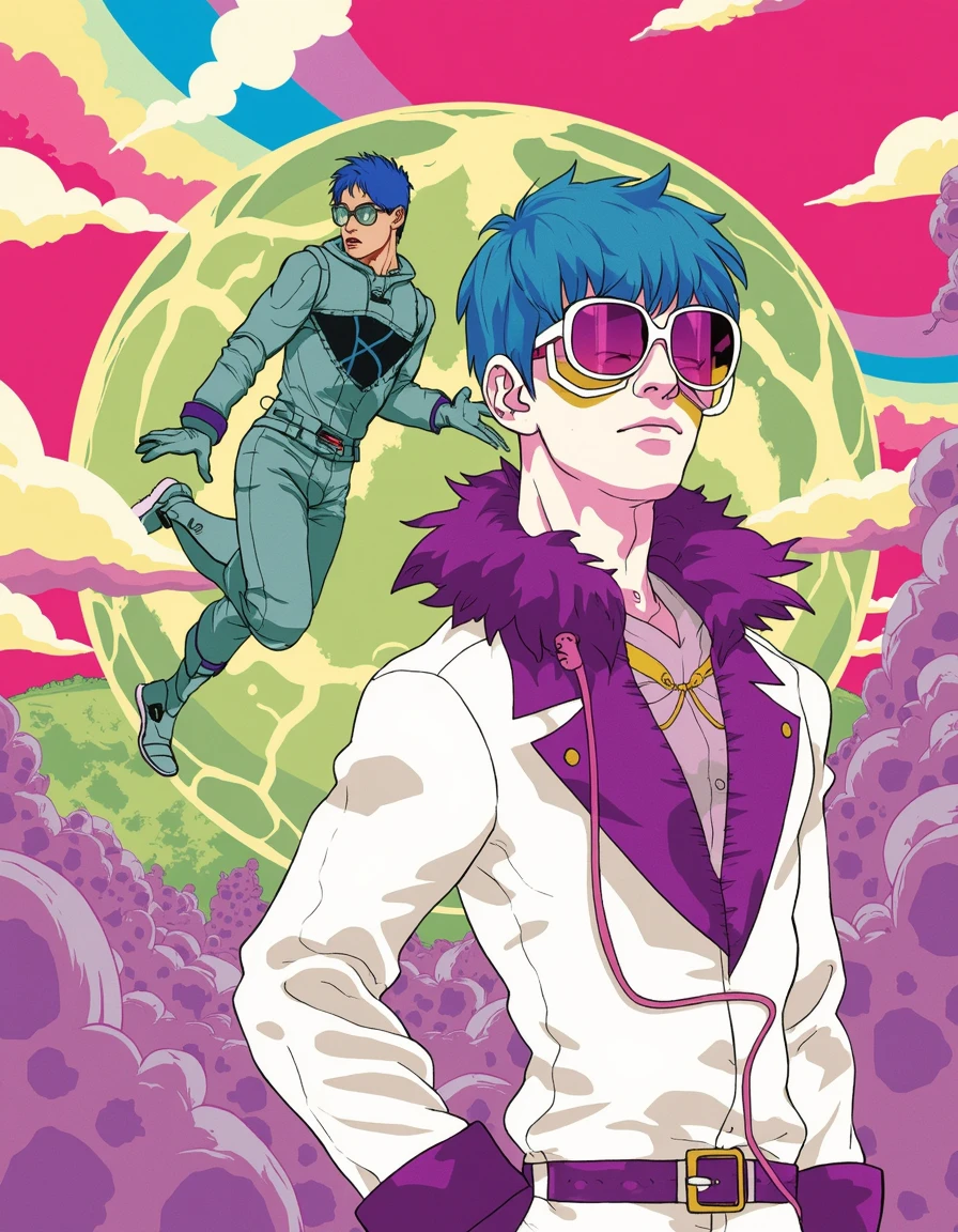 toha, guy wearin white sunglasses with purple pink gradoent lenses blue hair white skin with yellow shadows purple fur around neck spacesuit with pink cord and purple belt, psychedelic 60s background, geometric sphere, another guy floating in a space suit behind him, streak of color fading into vanishing point