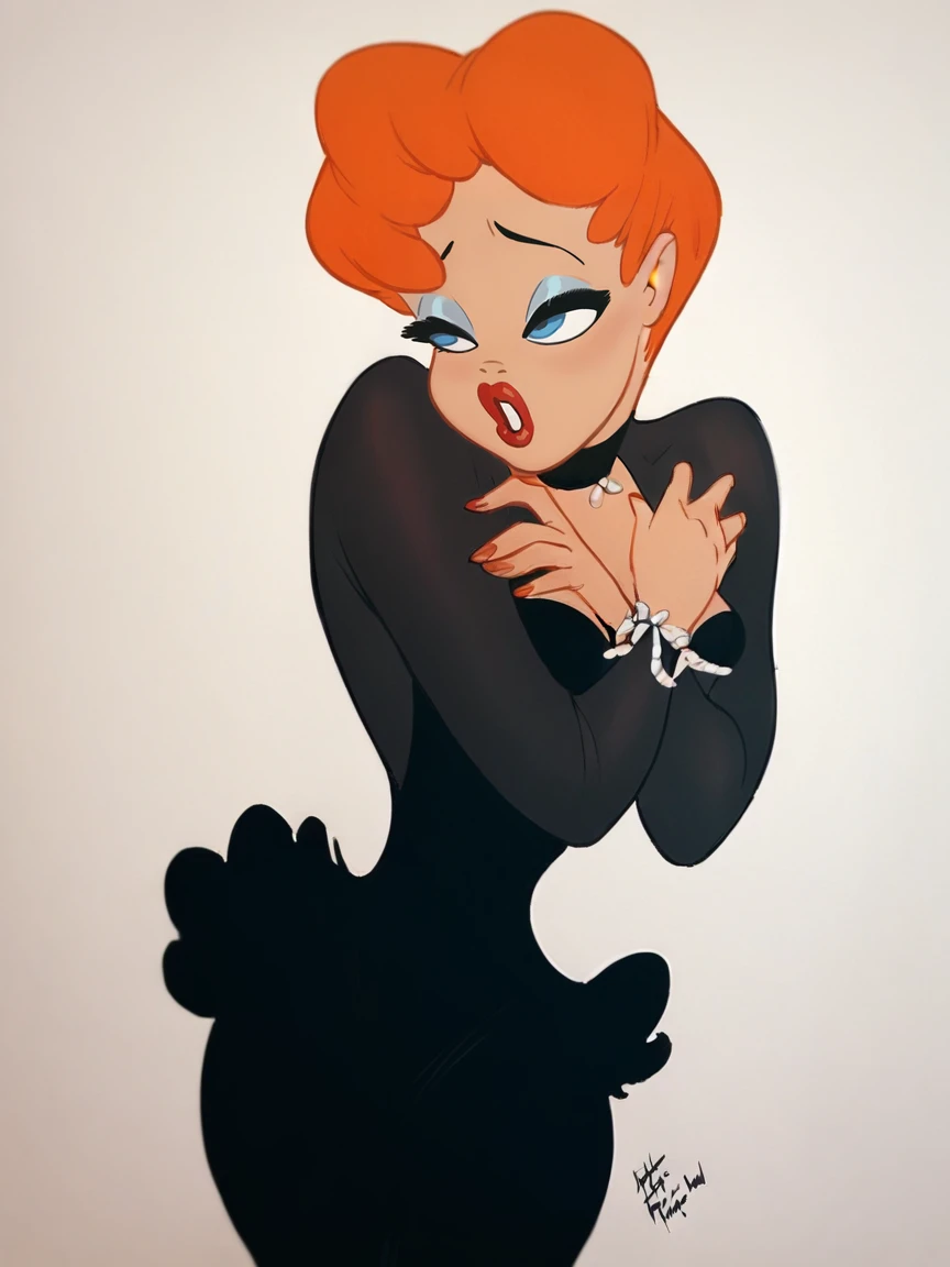 score_9, score_8_up, score_7_up, score_6_up, score_5_up,  <lora:texaveryXLP:1> tex avery, 1girl, orange hair, solo, lipstick, blue eyes, short hair, black dress,