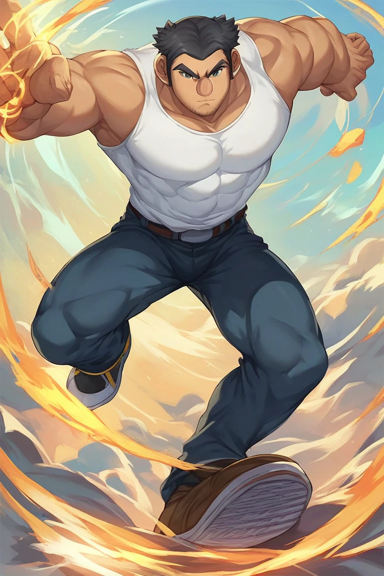 score_9, score_8_up, score_7_up, anime origin, male man, mr. huffington, Black hair, physically fit, tank top, pants, shoes, fighting pose, energy sphere in hands, full body, looking at viewer, front view