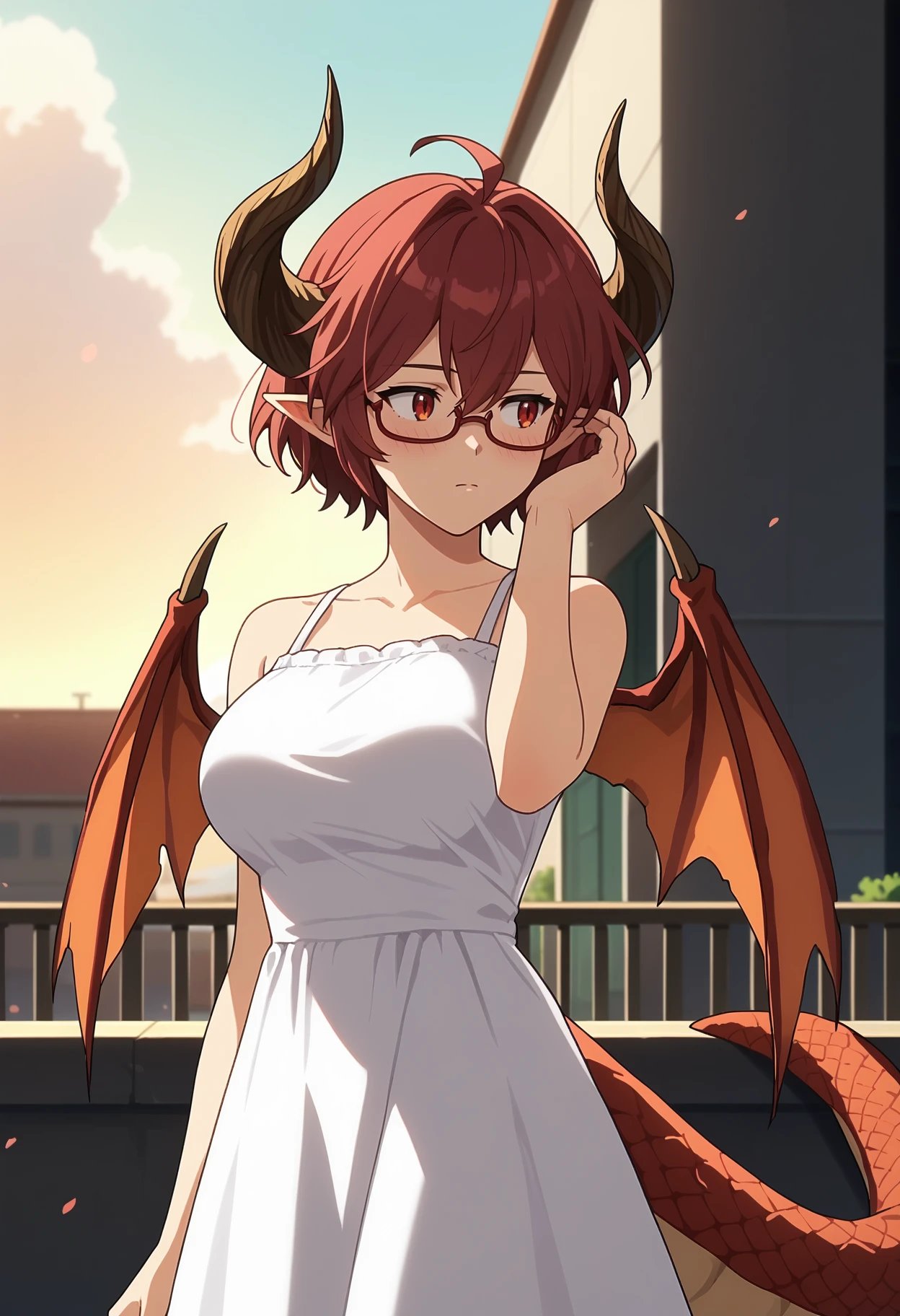 score_9, score_8_up, score_7_up, anime screencap, source_anime, 1girl, solo,
<lora:Grea_Manaria_Friends_V1:.85>, KJOgrea, red hair, red eyes, dragon horns, dragon tail, pointy ears, wings, short hair, 
white sundress, bare shoulders, glasses,
adjusting hair, expressionless, looking to the side, blush, embarrassed, standing, 
rooftop,
(Beautiful, large Breasts:1.2),