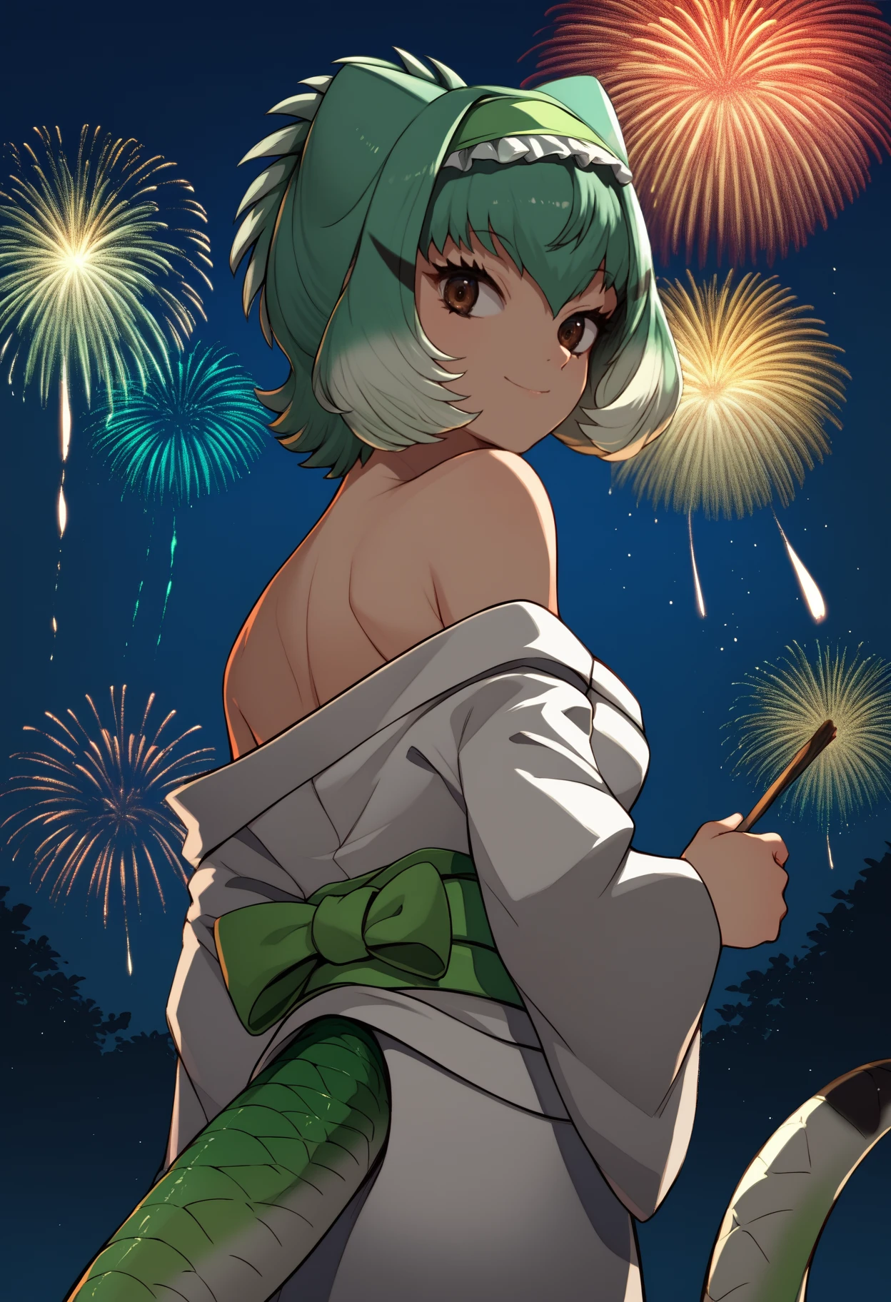 score_9, score_8_up, score_7_up, source_anime, <break> from behind, solo, 1girl, chnswtrdrgn, lizard tail, smile, looking back, short hair, two-tone hair, green hair, white hair, frilled hairband, brown eyes, japanese clothes, white kimono, off shoulder, green sash, bare shoulders, fireworks
<segment:yolo-face_yolov8m.pt,0.4,0.5//cid=1>