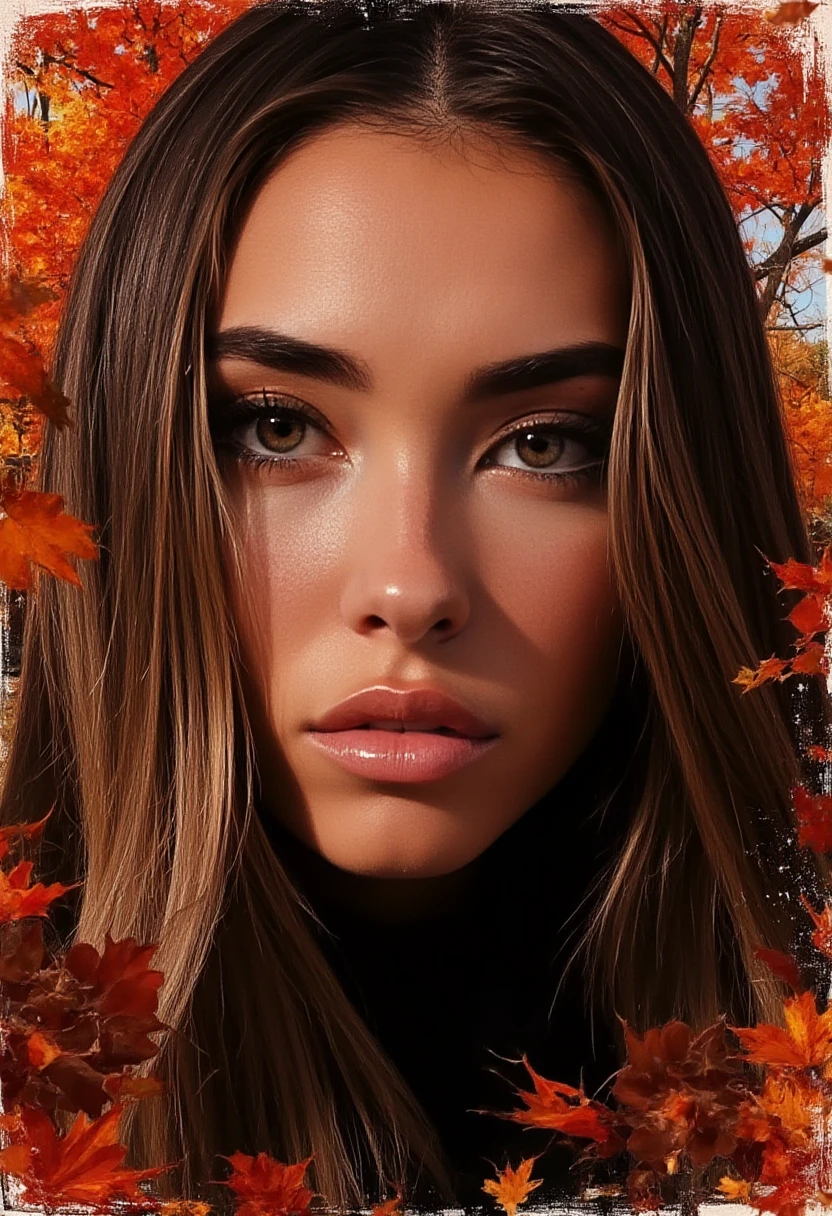 realistic closeup photo of a woman, heavy makeup, direct eye contact, photograph, intricate details, vivid and vibrant colors, highly detailed skin, captivating eyes, Expressionistic abstract painting utilizing a rough palette knife technique depicting the face of a woman with long flowing hair in the fall. The autumn theme is respresented through primary use of the colors red, orange and brown as well as autumn trees and leaves, m4d1s0n