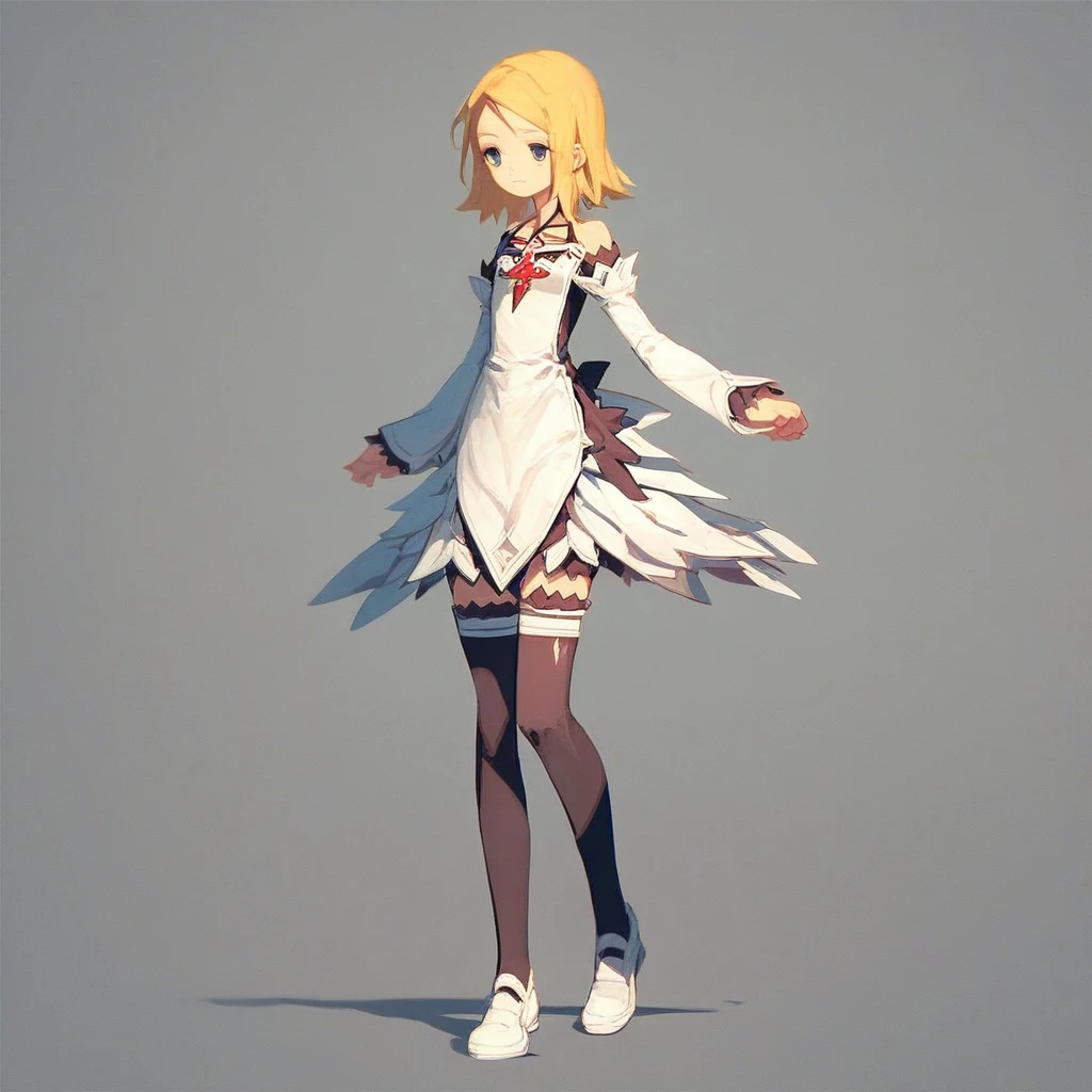 score_8, score_8_up, score_7_up, 1girl, female focus, solo, Murno_SCS, blonde hair,  halterneck, white dress, detached sleeves, layered sleeves, long sleeves, black skirt, white garter straps, garter straps, black thighhighs, thighhighs, shoes, white shoes, full body, standing, from behind