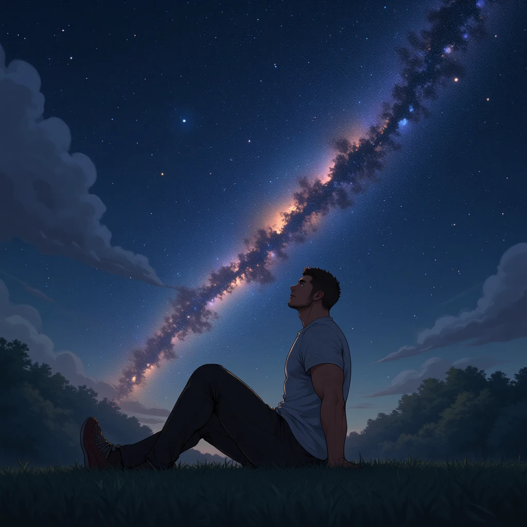 1boy，a musclar handsome man.
he sits on the ground and put his hands back on the ground, one leg straight and one leg bent. Look up at the sky.Shot from a high altitude in the distance.
The camera shot him from the side.
The background is a lawn at night, the sky is dotted with stars, and a Milky Way emits colorful and brilliant starlight.

Long shot, characters occupy quarter of the screen