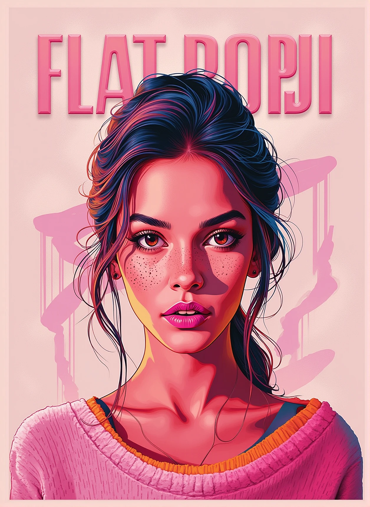 "FLAT POPJI" text in bold 3d letters at top center . 1girl, mysterious girl with freckles, an exotic girl in off-shoulder sweater, fading backlit background, pastel colors, alluring goddess, amazing depth, double exposure, surreal, geometric patterns, intricately detailed, bokeh, perfect balanced, deep fine borders, artistic photorealism, smooth, Flat-Popji