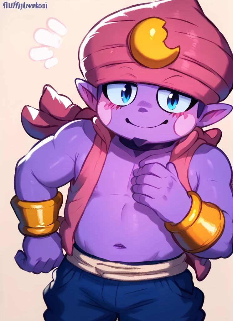 score_9, score_8_up, score_7_up, <lora:bsgene:1>bsgene , 1 boy , colored skin, ,pink vest , bracelet, pink headwear , ,blush stickers, blue pants , pointy ears bare shoulders, solo , simple background, , smile , looking at viewer, plump, <lora:fluffylewdsai:1> fluffylewdsai