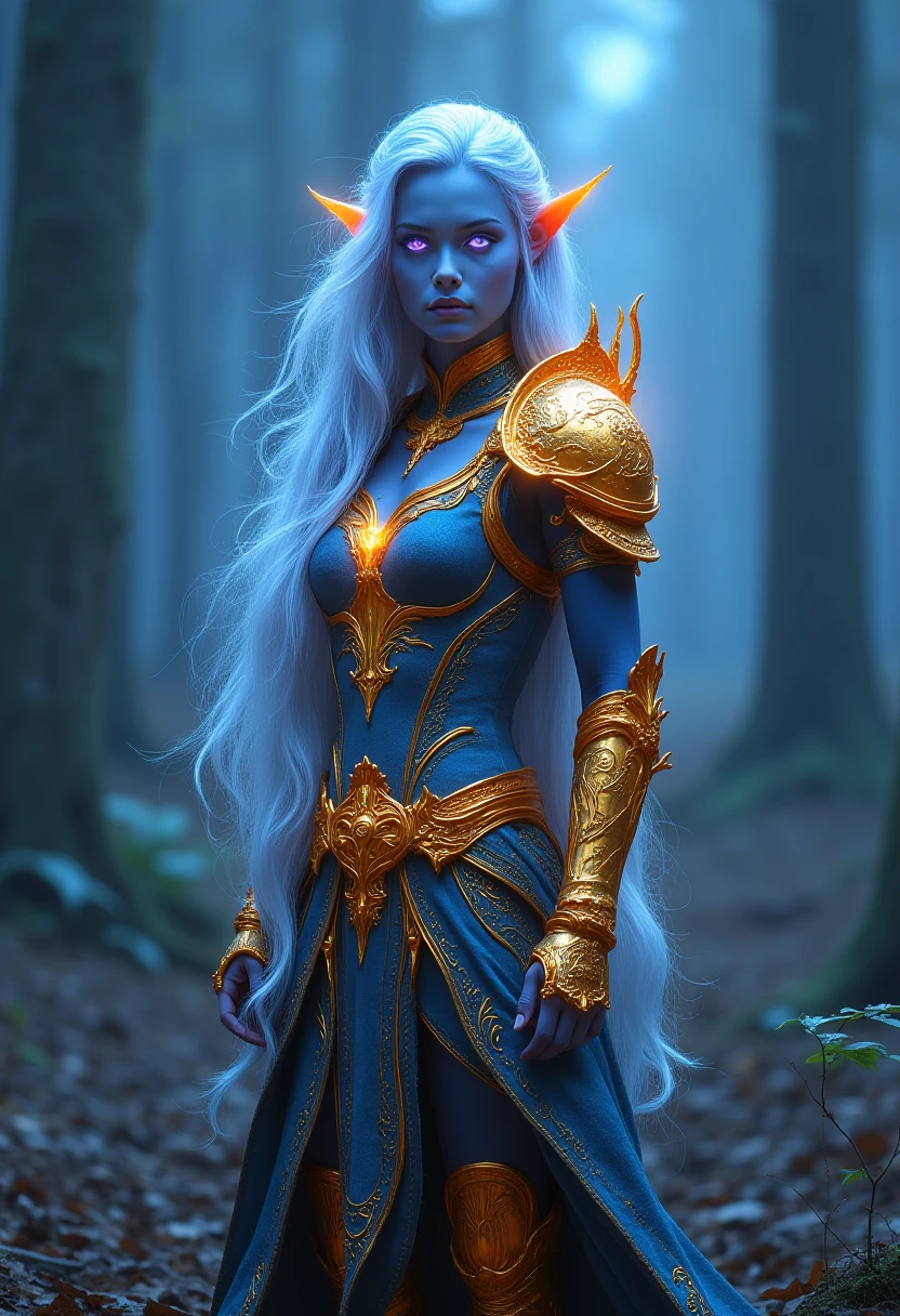 full body shot , Portrait of a fierce elf warrior with glowing golden armor, ethereal blue skin, flowing silver hair, and piercing violet eyes. Set against a twilight forest background, the scene is illuminated by soft, mystical light filtering through the trees. The elf's armor is intricately designed with magical runes, slightly worn from battle, but still radiating power. ultra face details, capturing the intense gaze and elegance of the warrior. Highly detailed, 8k resolution, fantasy realism, mystical atmosphere, dramatic lighting, enchanted environment. view from back dquarkeen <lora:FLUX_DQuarkeen_LoRA-000003:1>