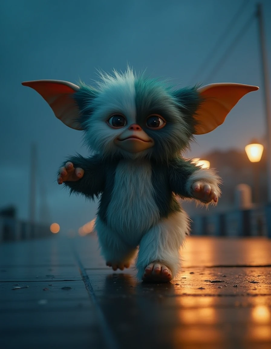 gzm, Cinematic, dreamy lighting, front facing view, at night, a fluffy gizmo, [zombie gizmo:1], hands up chasing someone, running in a lonely boardwalk, highly detailed fur, colors: green, blue, grey,  ultra realistic, ultra realistic textures  <lora:gizmo-flux:1>