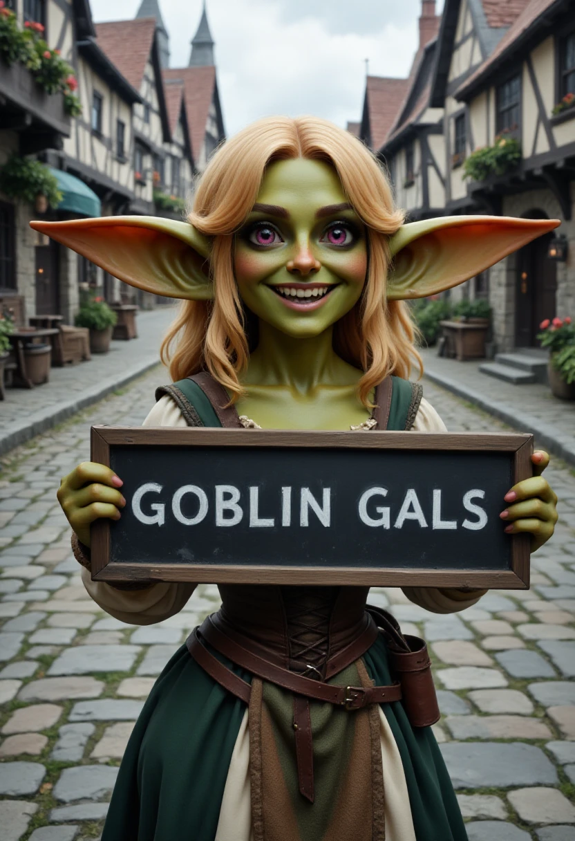 a highly detailed photo of a short g0bling1rl with long blonde hair and pink eyes, smiling widely, wearing a medieval dress with a corset, holds up a chalkboard with the words "GOBLIN GALS!" in the middle of a medieval street <lora:Goblin_Girl:1>