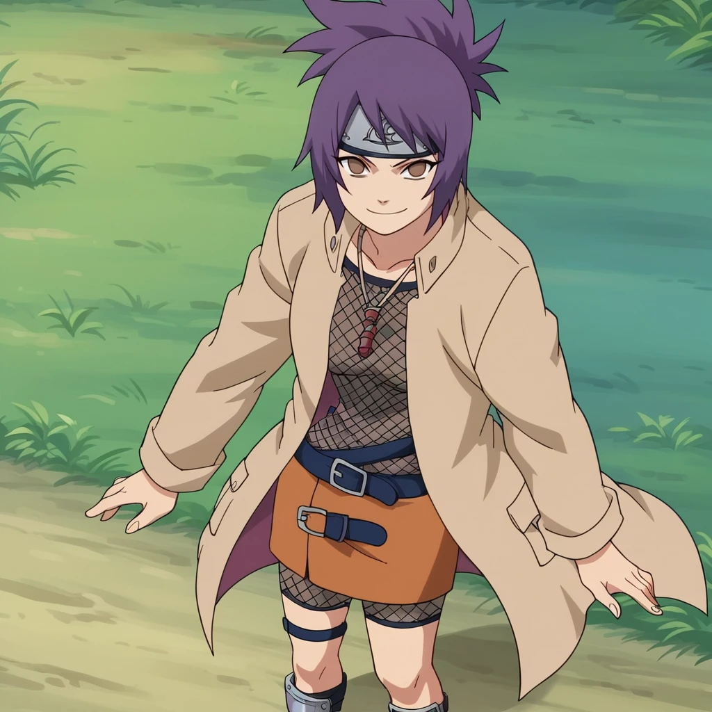 score_9, score_8_up, score_7_up, score_6_up, score_5_up, score_4_up, anime screencap, anime coloring, flat color, animification, <lora:Anko_Naruto-000007:0.8> , ank1, purple hair, ponytail,  brown eyes, no pupils, open jacket, fishnet top, necklace, skirt, forehead protector, shin guards, belt, fishnets, toeless footwear, looking at viewer, smile,