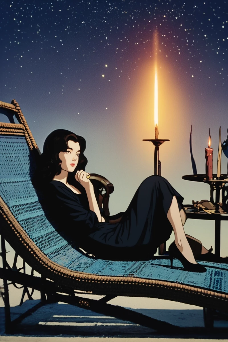 hires digital photo, photorealism, simple background, <lora:c4r0ylnj0ne3Pony:0.8> c4r0ylnj0ne3 girl, long black hair, black dress, heels, lying sideways on lounge chair, outdoors, night, candlesticks, bats flying in night sky, nebulae, stars, PonyXL_Scores, intricate details, high resolution,, rating_safe