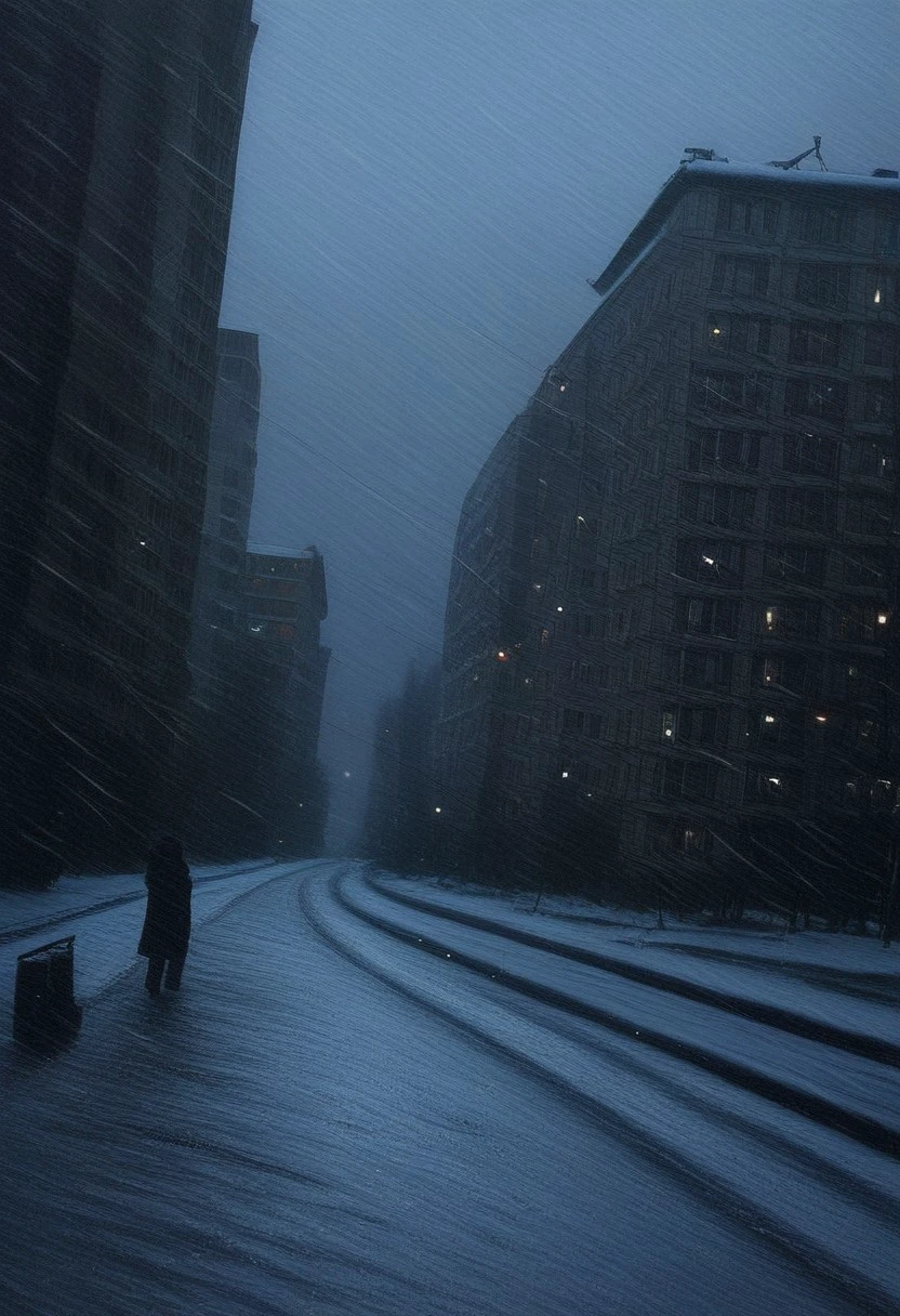 USSR Vibes, Russian Apartments, buildings, road, rainy, snow, melanchonic,