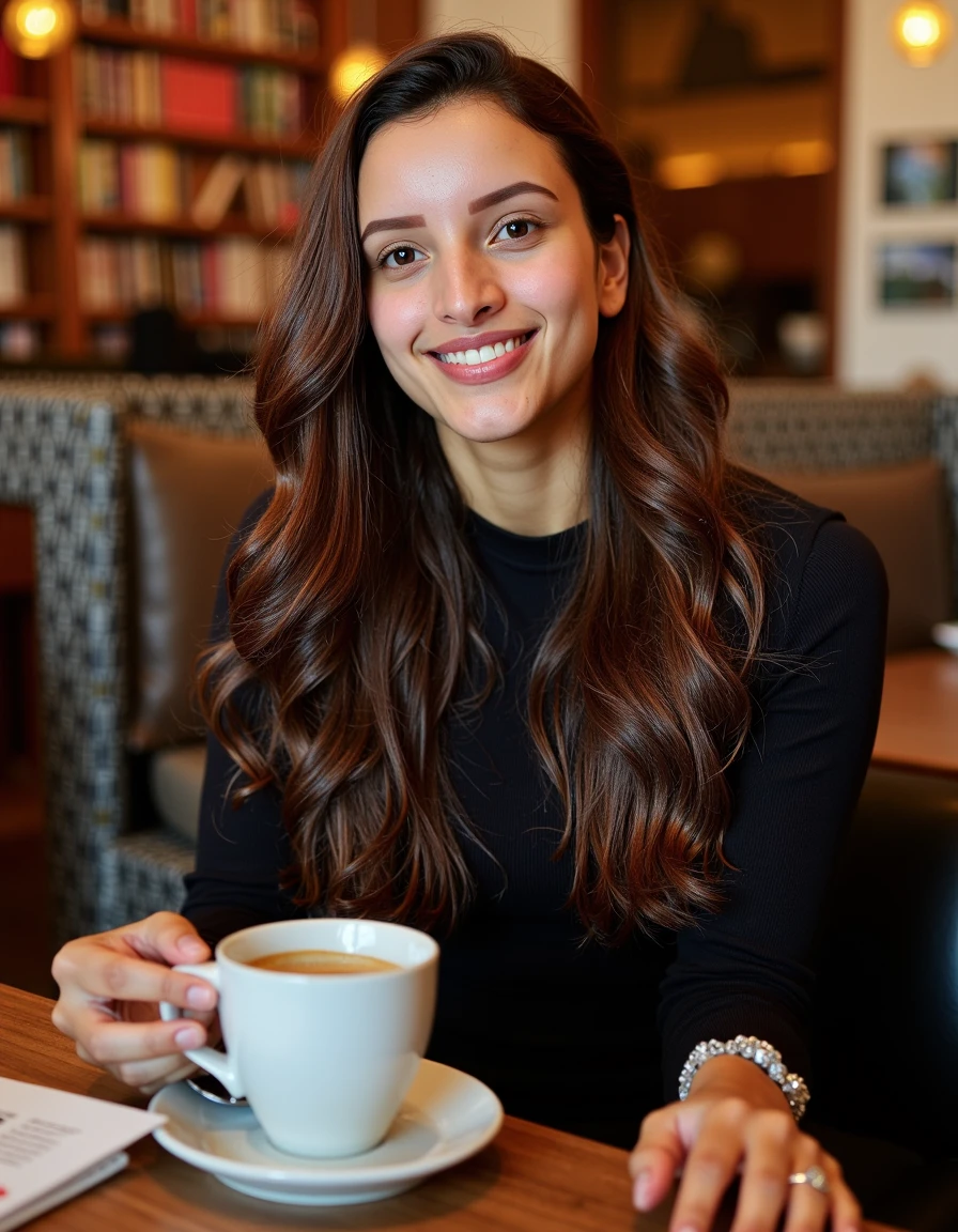 A charming portrait of Tr1pt1, an 18-year-old Indian woman, sitting in a cozy cafe.

Subject: Tr1pt1 is seated comfortably on a stylish chair, holding a coffee cup in one hand and looking straight at the camera. Her expression is warm and inviting, with a gentle smile playing on her lips. Her long, flowing brown hair cascades over her shoulders, framing her youthful face. Her fair skin has a natural, healthy glow enhanced by the warm lighting of the cafe.

Background: The cafe setting is warm and inviting, with soft, out-of-focus elements that suggest a cozy atmosphere. Wooden tables, bookshelves, and warm-toned decor create a comfortable ambiance without distracting from the subject.

Foreground: Tr1pt1's hands are visible, gracefully holding a ceramic coffee cup. The table in front of her is partially visible, perhaps with a book or a small plant to add depth to the scene.

Camera angle: A straight-on, medium close-up shot that captures Tr1pt1 from the waist up, allowing the viewer to see her seated posture and the coffee cup in her hand. The camera is positioned at eye level, creating a direct and engaging connection with the subject.