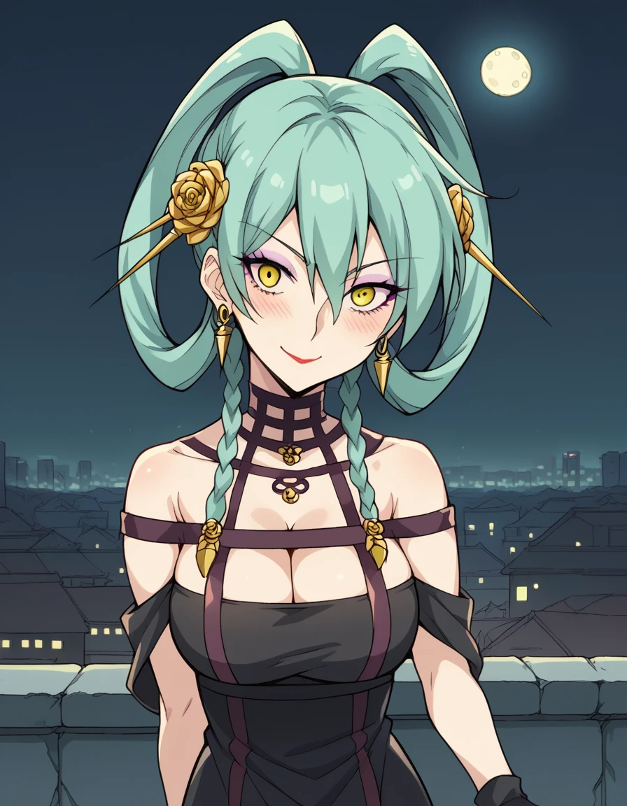 score_9, score_8_up, score_7_up, source_anime, <lora:kamu-oichi-hime-s1-ponyxl-lora-nochekaiser:1>, kamu oichi hime, braid, green hair, twin braids, aqua hair, makeup, lipstick, hair rings, yellow eyes, large breasts, <lora:yor-briar-cosplay-ponyxl-lora-nochekaiser:1>, yorbriarcosplay, yor briar (cosplay), bare shoulders, black dress, black gloves, cleavage, dress, earrings, gloves, gold earrings, hair ornament, hair band, jewelry, bare shoulders, collarbone, fingerless gloves, thighhighs, black thighhighs,, cityscape, night, moon, blush, smile, , cowboy shot, dutch angle,