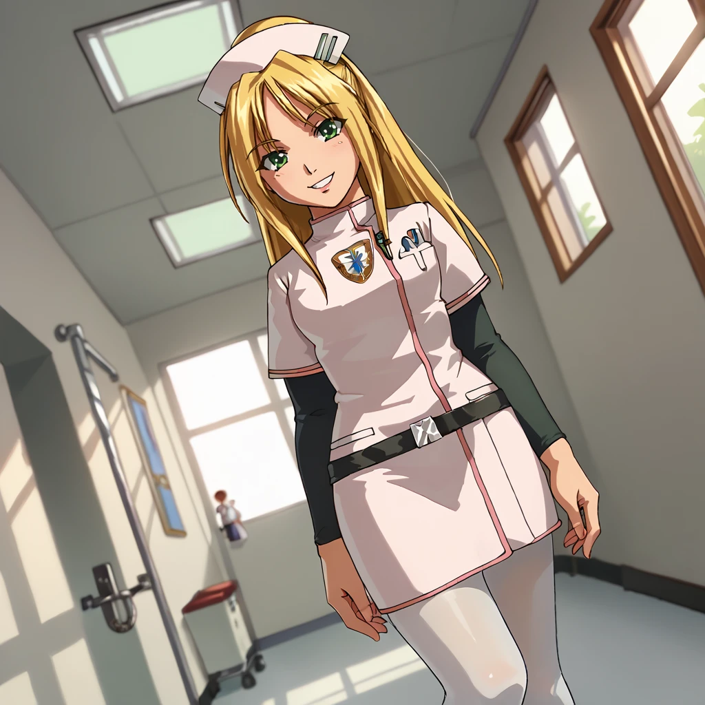 score_9, score_8_up, score_7_up, 1girl, solo, uncensored, angelathompson, smile, looking at viewer, dutch angle, blonde hair, green eyes, nurse cap, white nurse uniform, black sleeves, white pantyhose, indoors, hospital, hallway, window <lora:AngelaThompsonXL_v1.0:1>