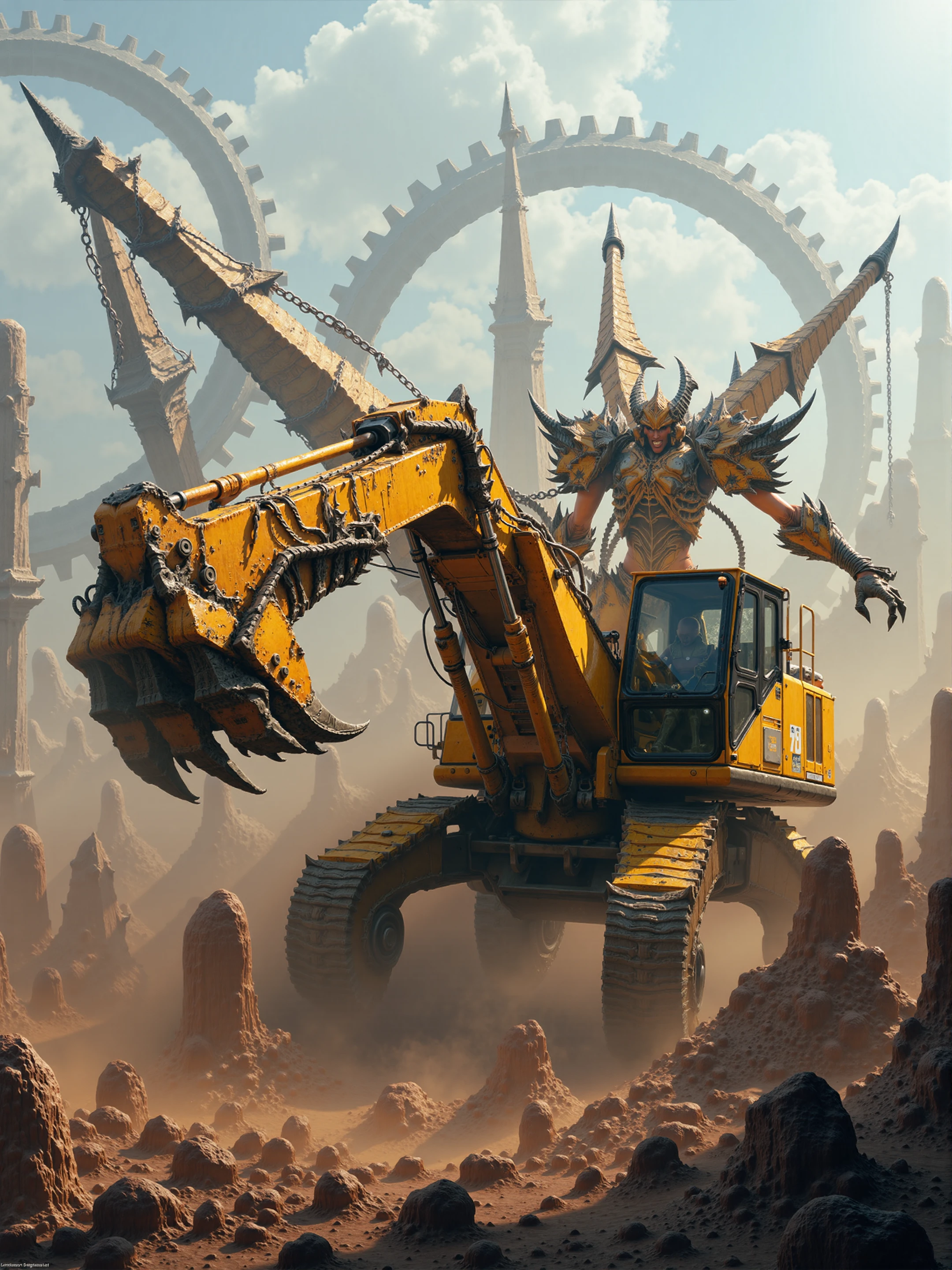 diablobylaushine,detailed photorealistic artwork of an excavator created by demon,is working on construction site,