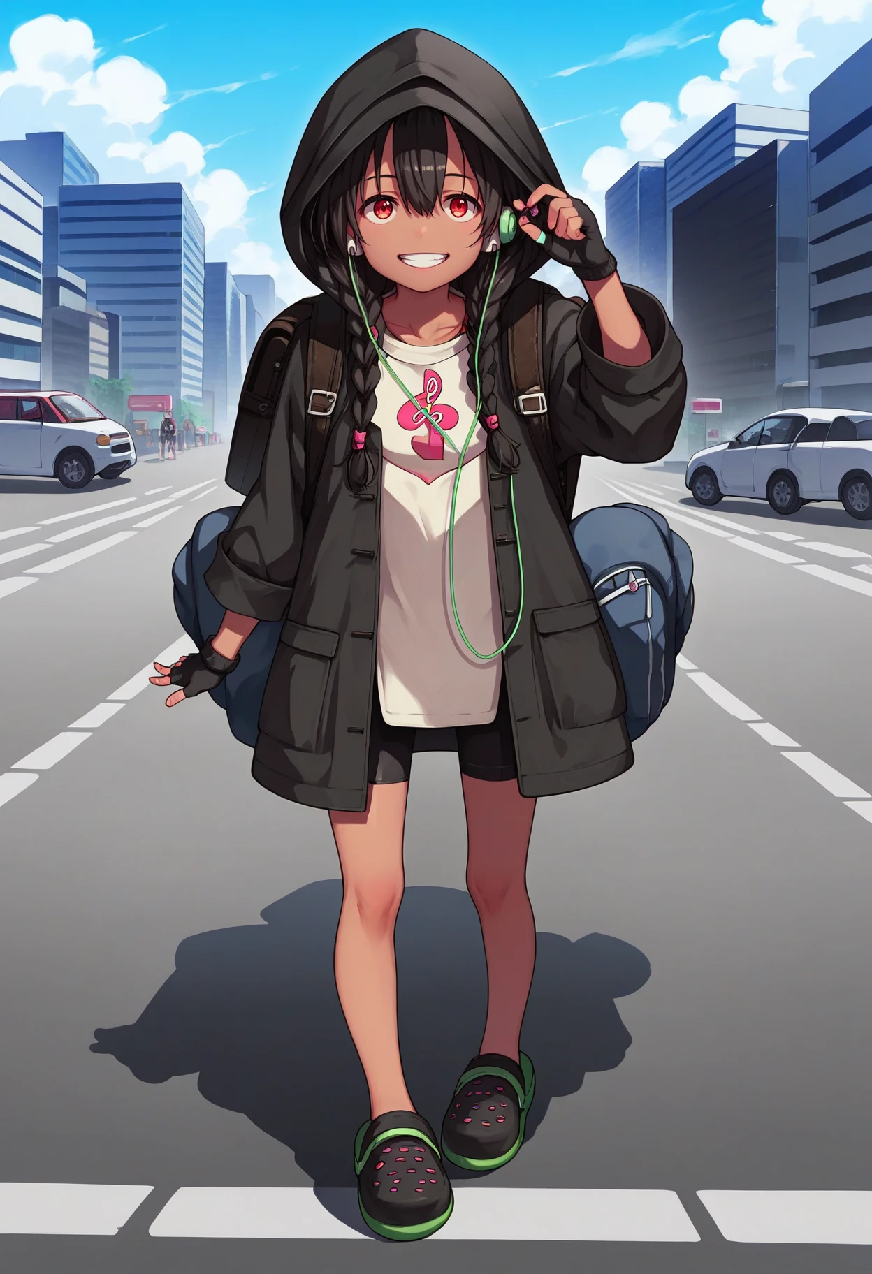 score_9, score_8_up, score_7_up, Source_anime, 1girl, solo, outdoors, street, Office District, detailed background, cowboy shot, looking at viewer, grin, teeth, open mouth, <lora:Anosillas_pony:0.8>Anosillas, (hood down1.2), 
black long hair, red eyes,  twin braids, dark-skinned female, hair between eyes, 
hood up, bag, shirt, backpack, black fingerless gloves, hoodie, earphones, black bike shorts, coat, hooded jacket, long sleeves, black footwear, crocs,