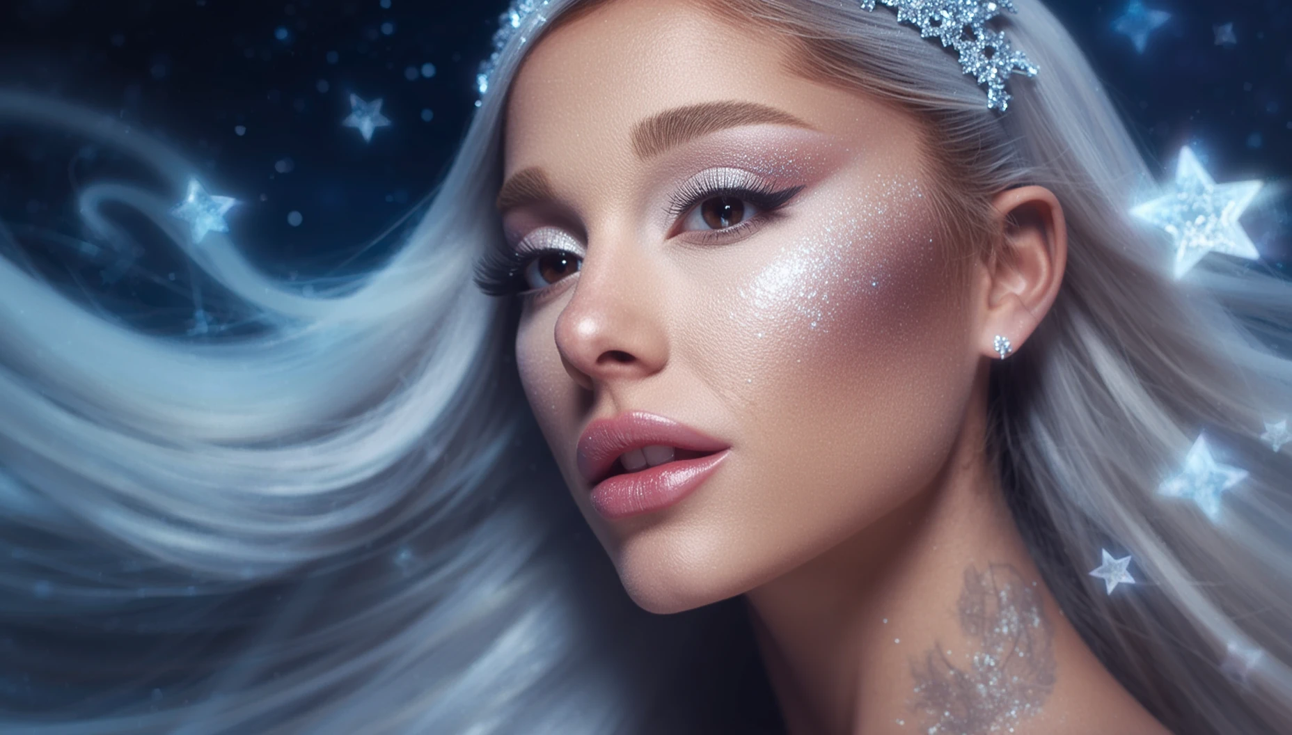 Closeup of Ariana Grande star princess, ethereal beauty with glowing skin, her eyes shimmering like distant galaxies. Star-shaped crystals float gently around her, sparkling with soft light in shades of blue and silver. Her flowing silver hair reflects the light of the crystals, delicate crown adorned with tiny stars resting on her head. Background fades into a dark cosmic sky filled with faint nebulae and stars, magical and otherworldly.
