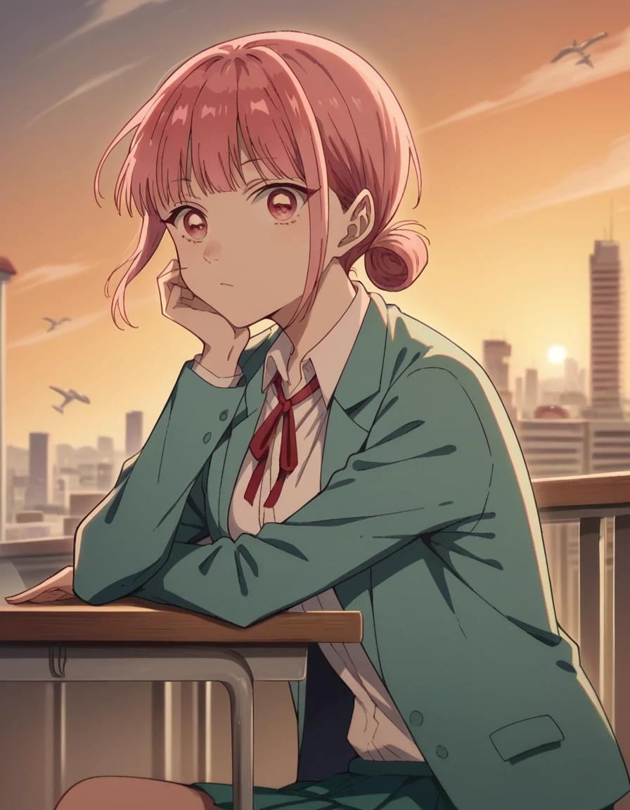 score_9, score_8_up, score_7_up, source_anime, <lora:hina-chouno-alpha-ponyxl-lora-nochekaiser:1>, hina chouno, short hair, pink hair, pink eyes, bangs, blunt bangs, sidelocks, hair bun, double hair bun, medium breasts,, skirt, shirt, long sleeves, ribbon, school uniform, jacket, white shirt, pleated skirt, red ribbon, neck ribbon, blazer, green skirt, green blazer, shirt tucked in,, rooftop, sunset, cityscape, quiet moment, wind blowing, contemplative, , looking at viewer, sitting, elbow rest, table,, solo,, cowboy shot, dutch angle,