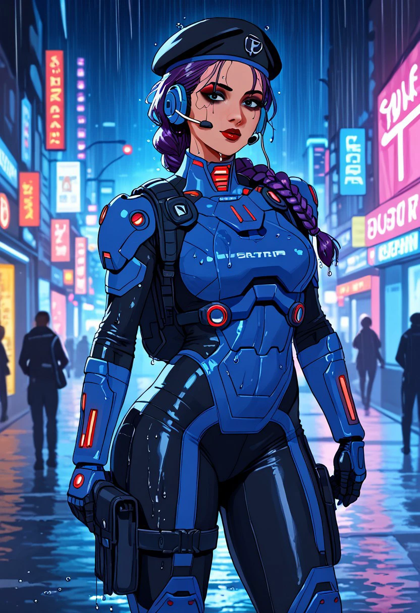 score_9, score_8_up, score_7_up, best quality, fusilier:1.2, masterpiece, cyberpunk indian girl, indian woman skin,   long twin braid, bangs, blue military satchel beret, dark eyeshadow, blue armour, panoceania, violet hair, military insignias, stripes, red lips, headset, blue and gray power armour, black bodysuit, assault rifle, on a cyberpunk street at night, neon signs, american city, heavy rain, wet, wet hair, wet skin, wet clothes, bokeh, vibrant, surreal colours, High Definition HD, High Detail, Perfect Composition, mythp0rt