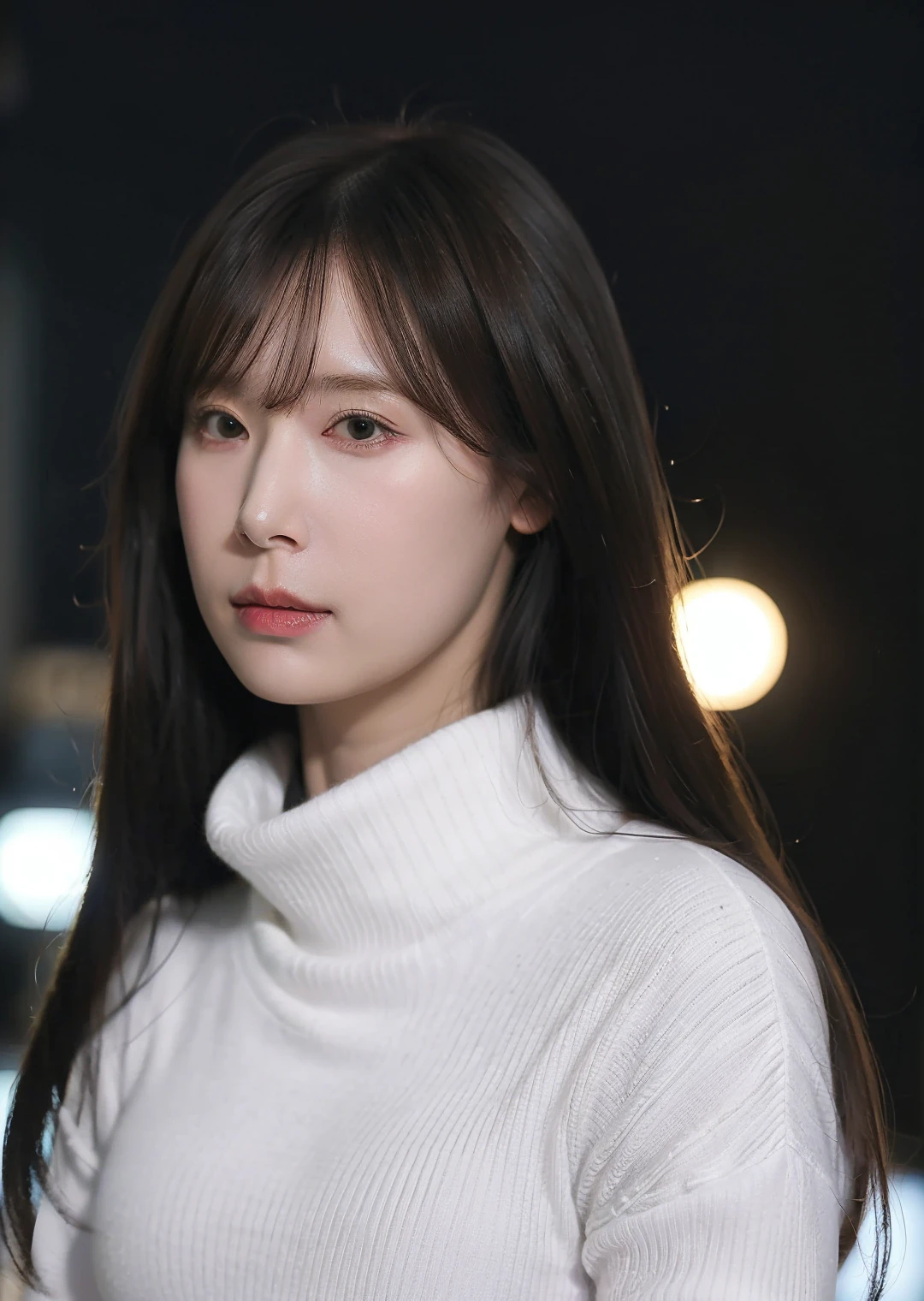 1girl,solo,long hair,bangs,brown hair,black eyes,nose,closed mouth,turtleneck sweater,outdoors,((night)),city lights,neon trim,from_side,((blurry)),depth of field,((realistic,reality)),Highly detailed,(ultra-detailed),(best quality,masterpiece:1.5),<lora:JAV-Akari(SD1.5):0.65>,