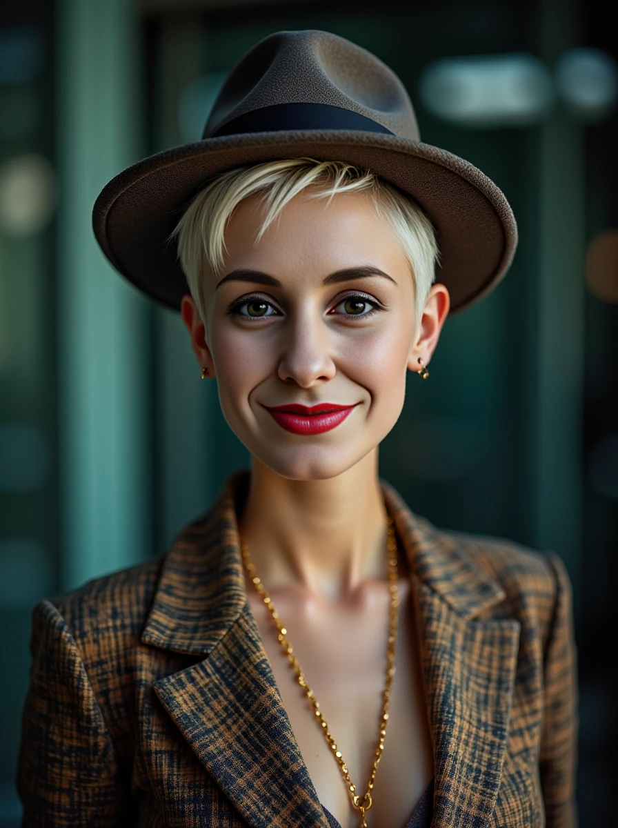 upper body portrait of a slender platinum-blonde woman. Her high detailed skin texture with skin details like pores, small hairs and subsurface scattering. She has short hair with an edgy cut. Her expression is a shy smile. She is wearing a Harlem Renaissance dandy's suit with a zoot suit, wide-brimmed fedora, and a gold pocket chain, reflecting the cultural revival.professional photography, with cold color lighting. <lora:lisalora:1.2>