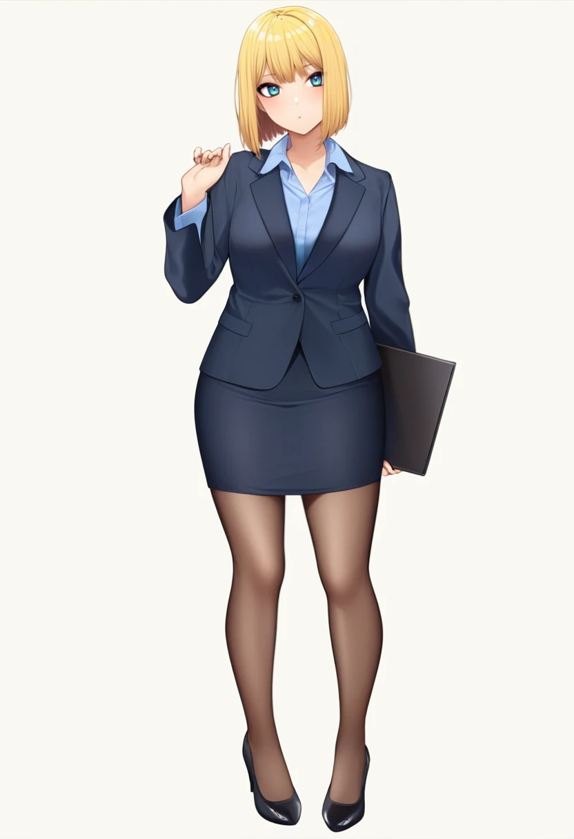 masterpiece, best quality, good quality, 1girl, solo, office lady, skirt suit, blue eyes, full body, standing, white background<lora:danimaru illustrious 003:1>