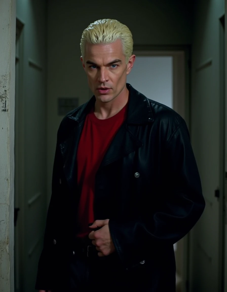 <lora:Spike_Flux:1>  This is an image of a man with bleach blonde short hair, blue eyes, mouth slightly open, with prominent cheekbones and a stern expression. wearing a black trench coat, red shirt, black fingernail polish. Standing inside of a mausoleum