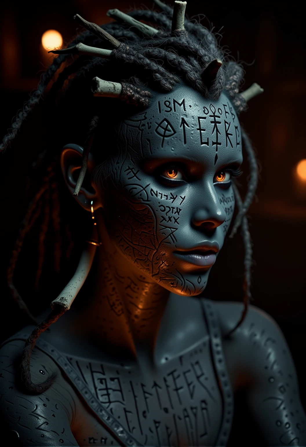 . A close-up shot of a dark priestess, seen from the side highlighting the intricate runes carved into her face, her hair wild and tangled, with fragments of bone and dried leaves woven in, her skin showing an uneven, gritty texture, with deep pores and small areas that look almost charred, lit by soft, flickering candlelight, casting deep shadows across her face, <lora:bv-demonic-skin-runes.safetensors:0.7000000000000001:0.7000000000000001>